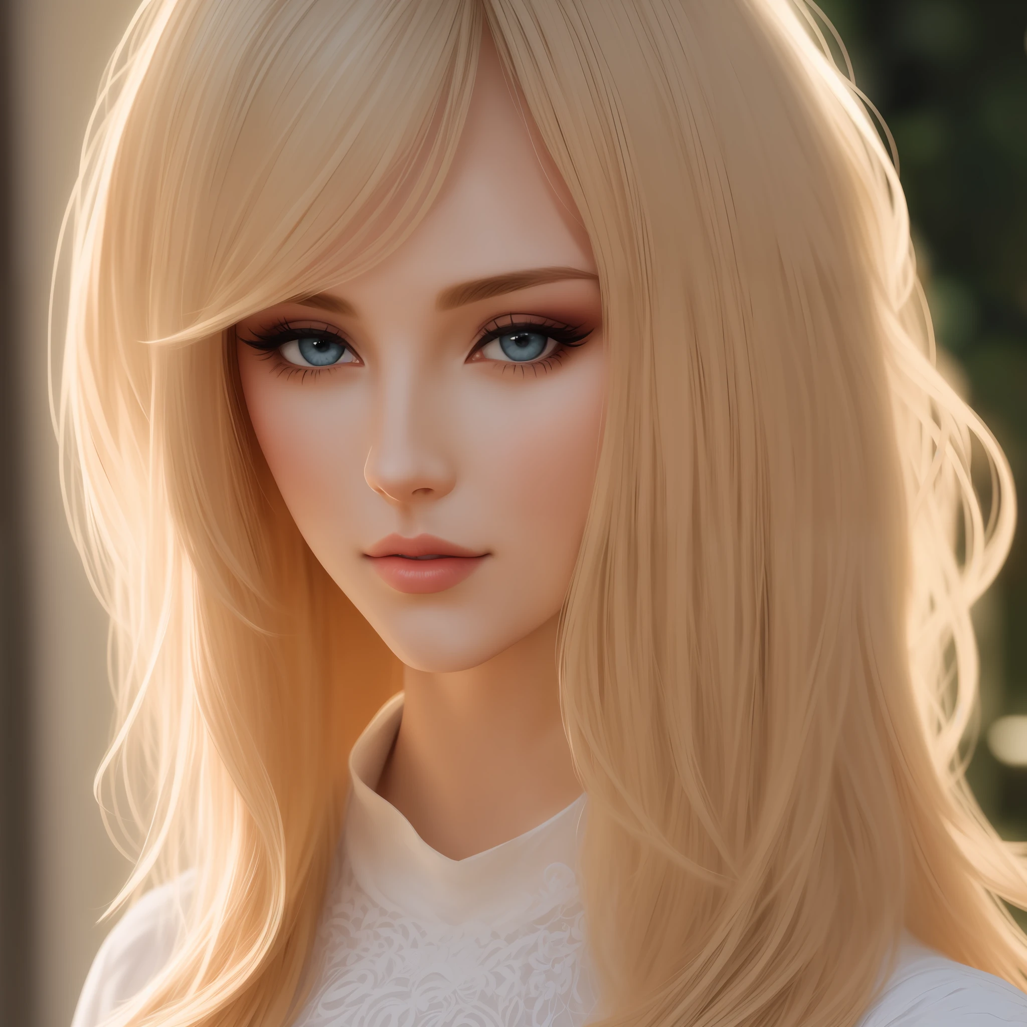 Photograph of a blonde woman with natural skin, long and voluminous hair, standard neck size, sharp eyes, a thin and upturned nose, shapely lips, and an hourglass figure, wearing typical clothes and makeup. It must be intricately maximalist-detailed, vibrant, epic, smooth, cinematic, HD, backlit, and have a shallow depth of field.