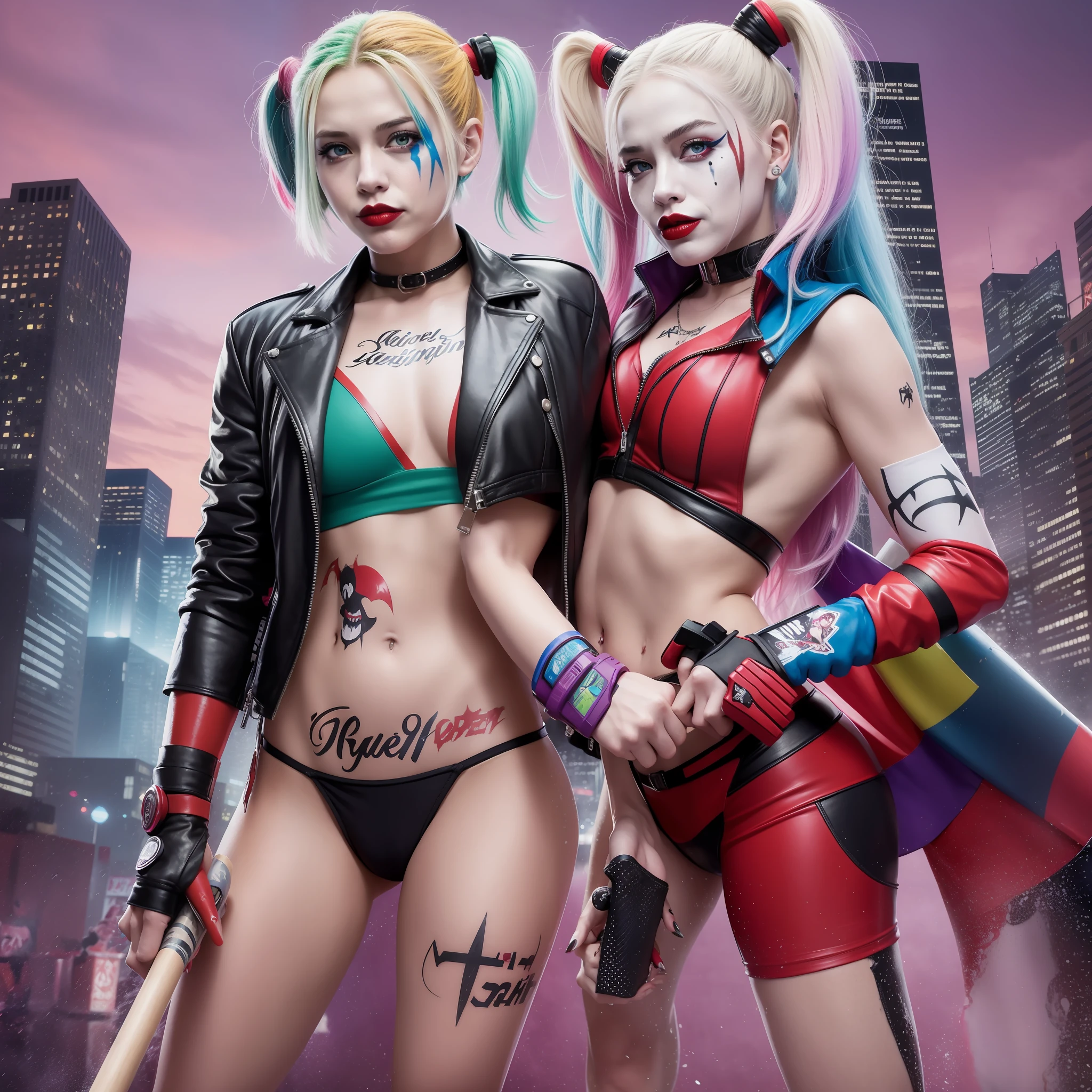 Best quality splash art featuring Harley Quinn and Joker in their classic outfits. Dynamic pose with Harley holding a bat and Joker holding a gun. The background features colorful graffiti and cityscape.