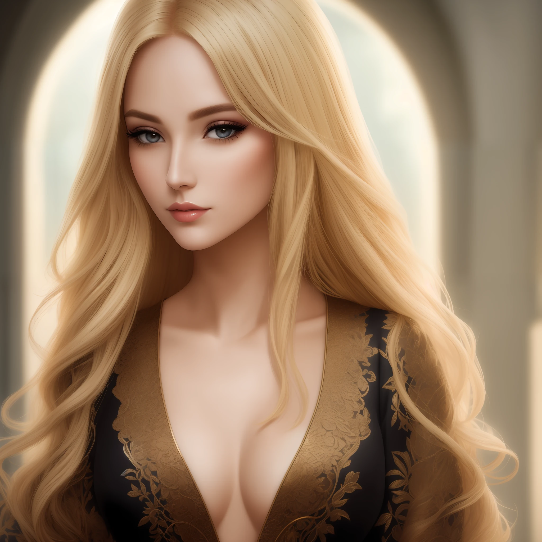 Photograph of a blonde woman with natural skin, long and voluminous hair, standard neck size, sharp eyes, a thin and upturned nose, shapely lips, and an hourglass figure, wearing typical clothes and makeup. It must be intricately maximalist-detailed, vibrant, epic, smooth, cinematic, HD, backlit, and have a shallow depth of field.