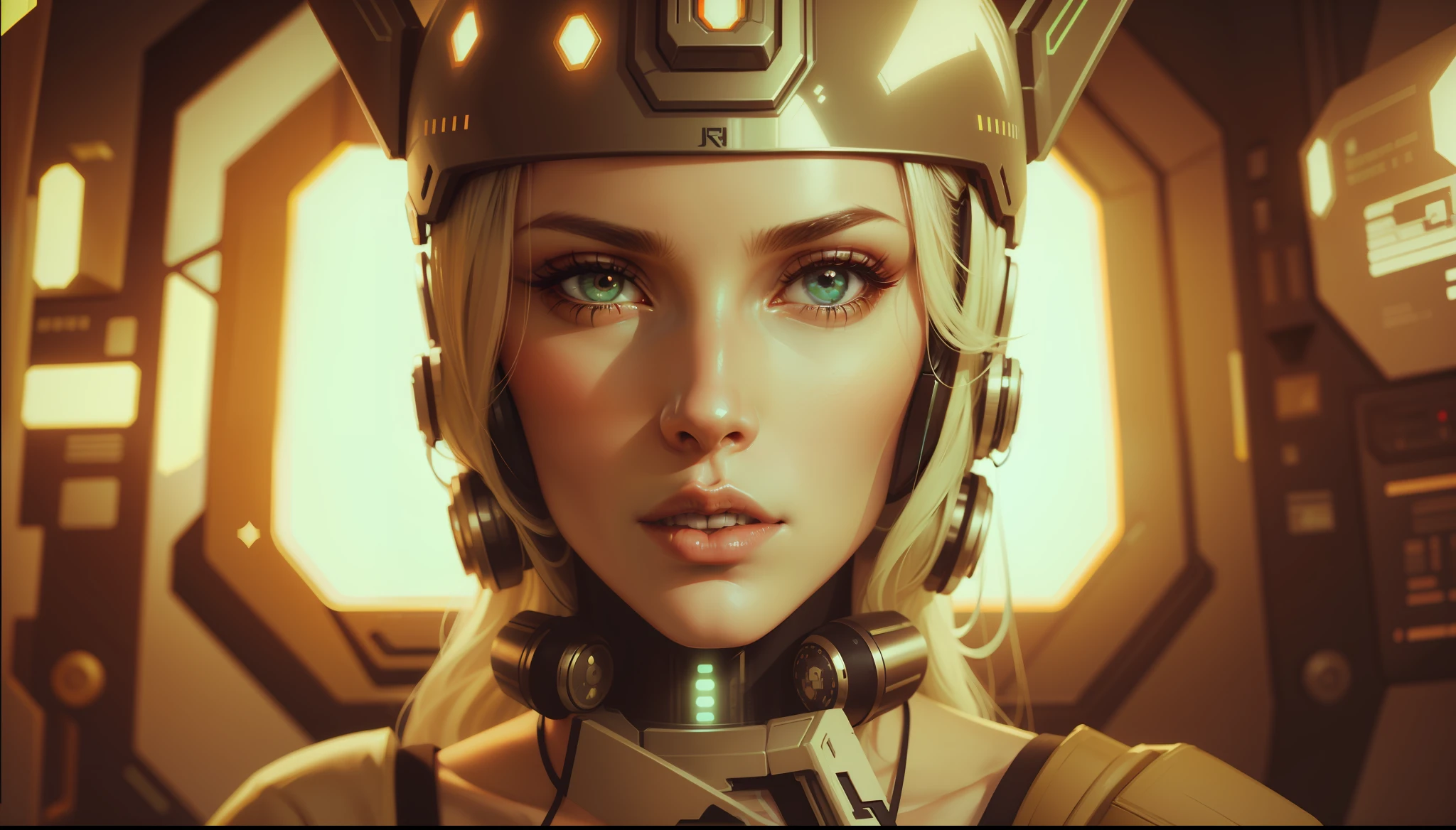 a woman wearing a helmet with a sci - fi fi fi fi fi fi fi, cyberpunk art by Jan Tengnagel, cgsociety, retrofuturism, sci-fi, futuristic, steampunk