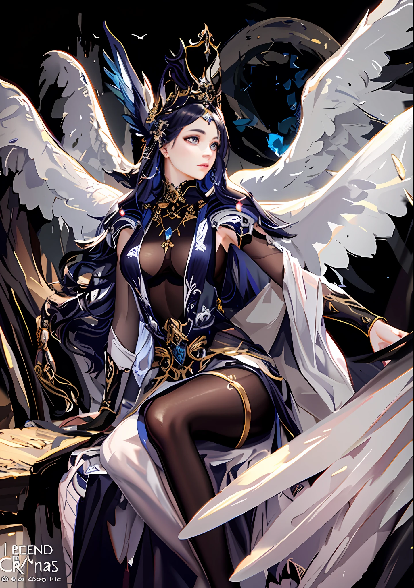 Real photo of a woman with wings and a crown sitting on a rock, photorealistic, by Yang J, goddess. Extremely high details, realistic 3d art, hyperdetailed, a beautiful empress of fantasy, wlop and artgerm, artgerm in artstation pixiv, detailed fantasy art such as a mystical valkyrie, extremely detailed goddess shot, detailed body, realistic eyes.