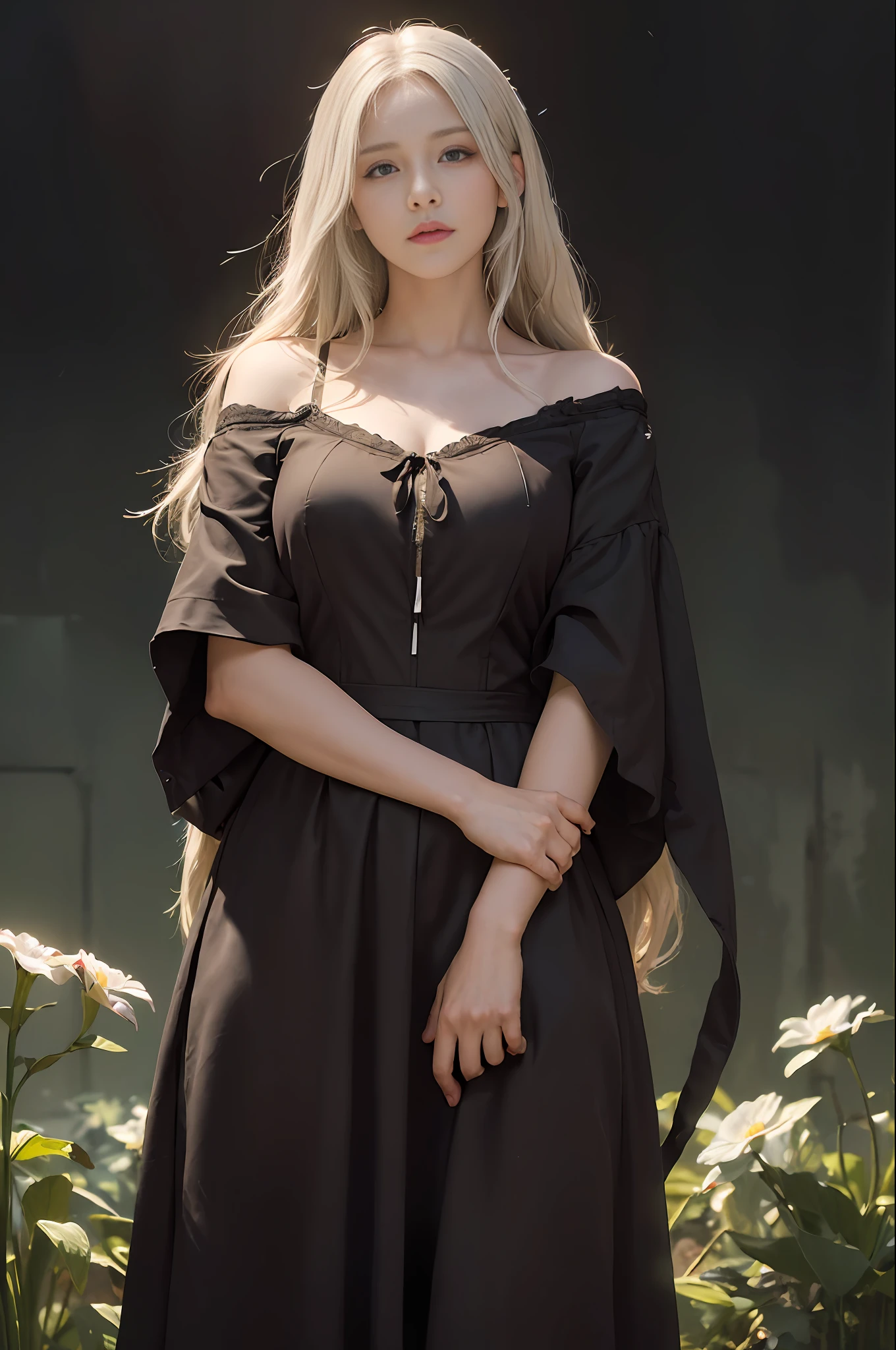 (front focus), (in the dark:1.6), Hyperrealist portrait of female by david hockney and alphonse mucha, fantasy art, photo realistic, dynamic lighting, artstation, poster, volumetric lighting, very detailed faces, 4 k, award winning, 1girl, in the dark, deep shadow, low key, cowboy shot, (official clothing:1.4), long hair, white hair