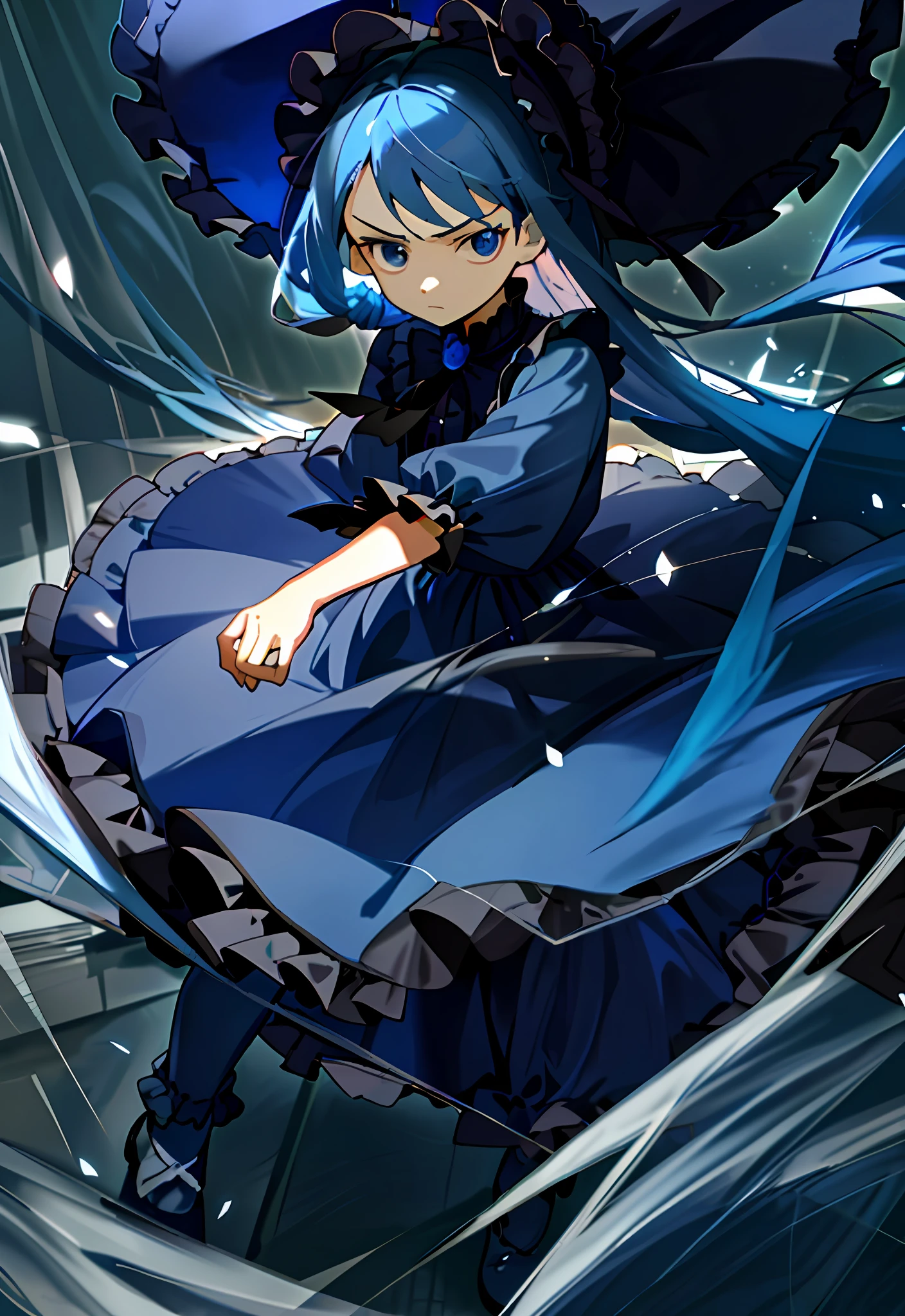 (masterpiece, best quality, illustration), 1 , face focus, long blue hair, half updo, expressionless face, glaring, long navy blue Lolita style dress, bonnet hat, full body, fighting motion pose, loli, smooth light, bright, clear