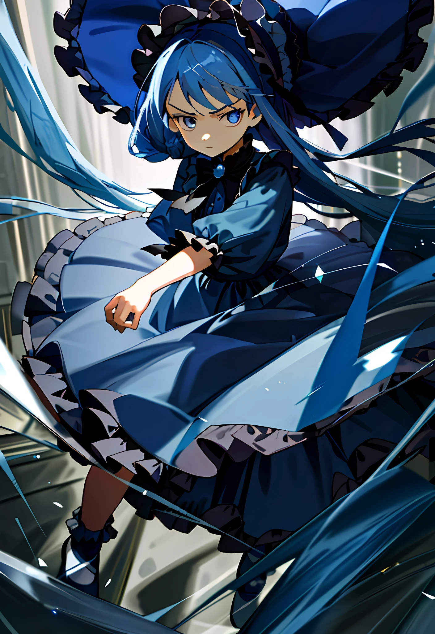 (masterpiece, best quality, illustration), 1 , face focus, long blue hair, half updo, expressionless face, glaring, long navy blue Lolita style dress, bonnet hat, full body, fighting motion pose, loli, smooth light, (bright), clear