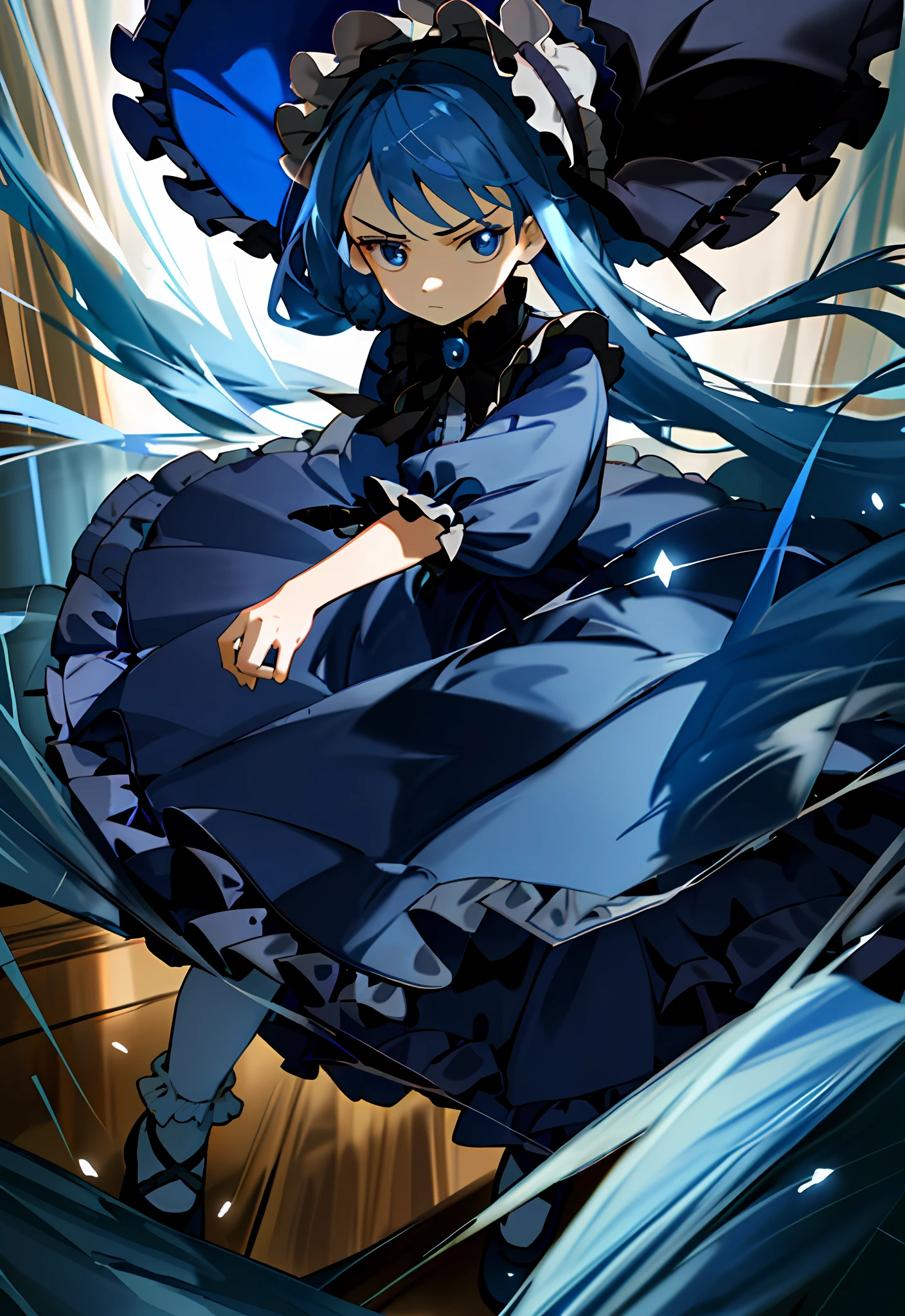 (masterpiece, best quality, illustration), 1 little girl, face focus, long blue hair, half updo, expressionless face, glaring, long navy blue Lolita style dress, bonnet hat, full body, fighting motion pose, loli, smooth light, (bright), clear