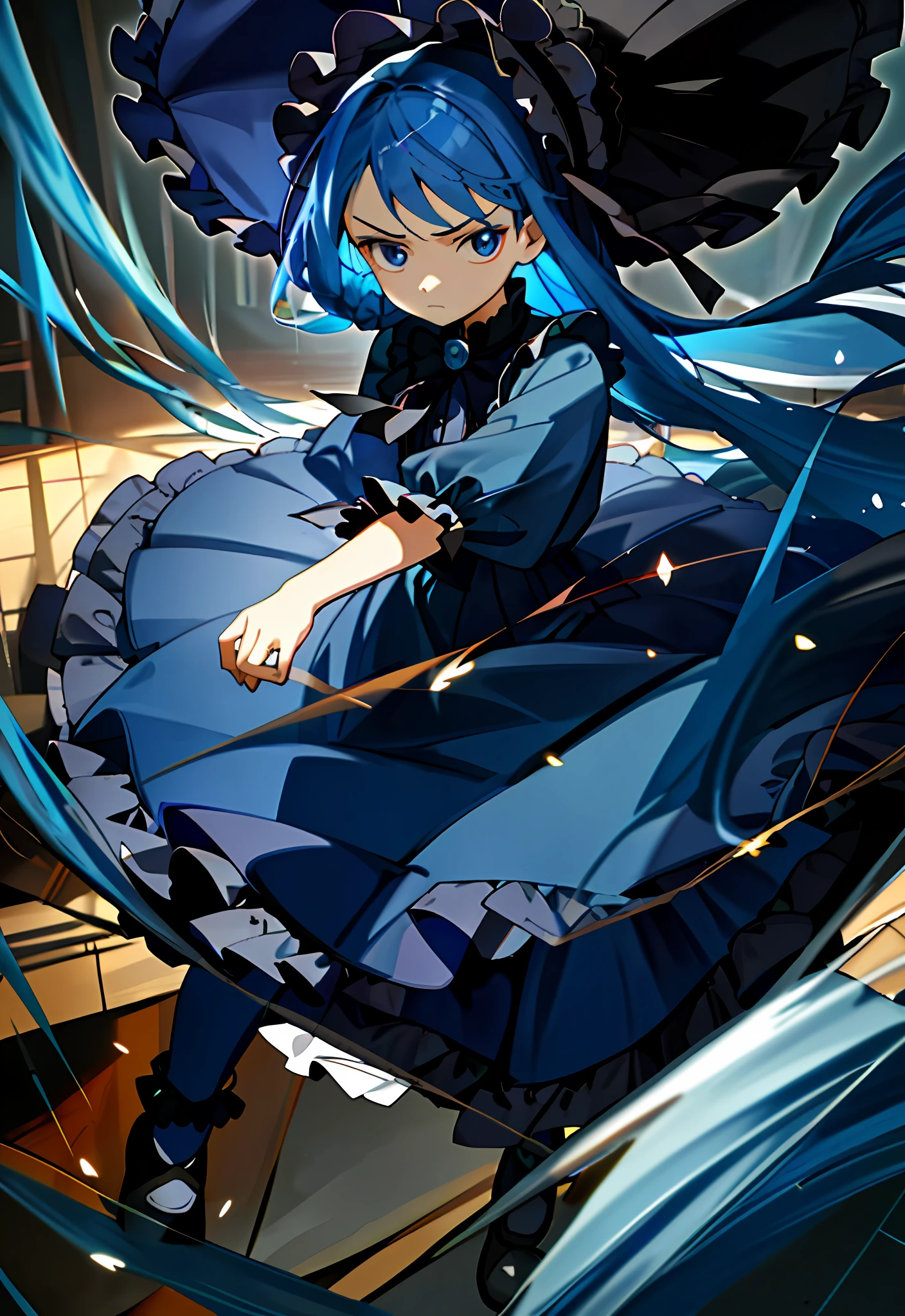(masterpiece, best quality, illustration), 1 little girl, face focus, long blue hair, half updo, expressionless face, glaring, long navy blue Lolita style dress, bonnet hat, full body, fighting motion pose, loli, smooth light, (bright), clear
