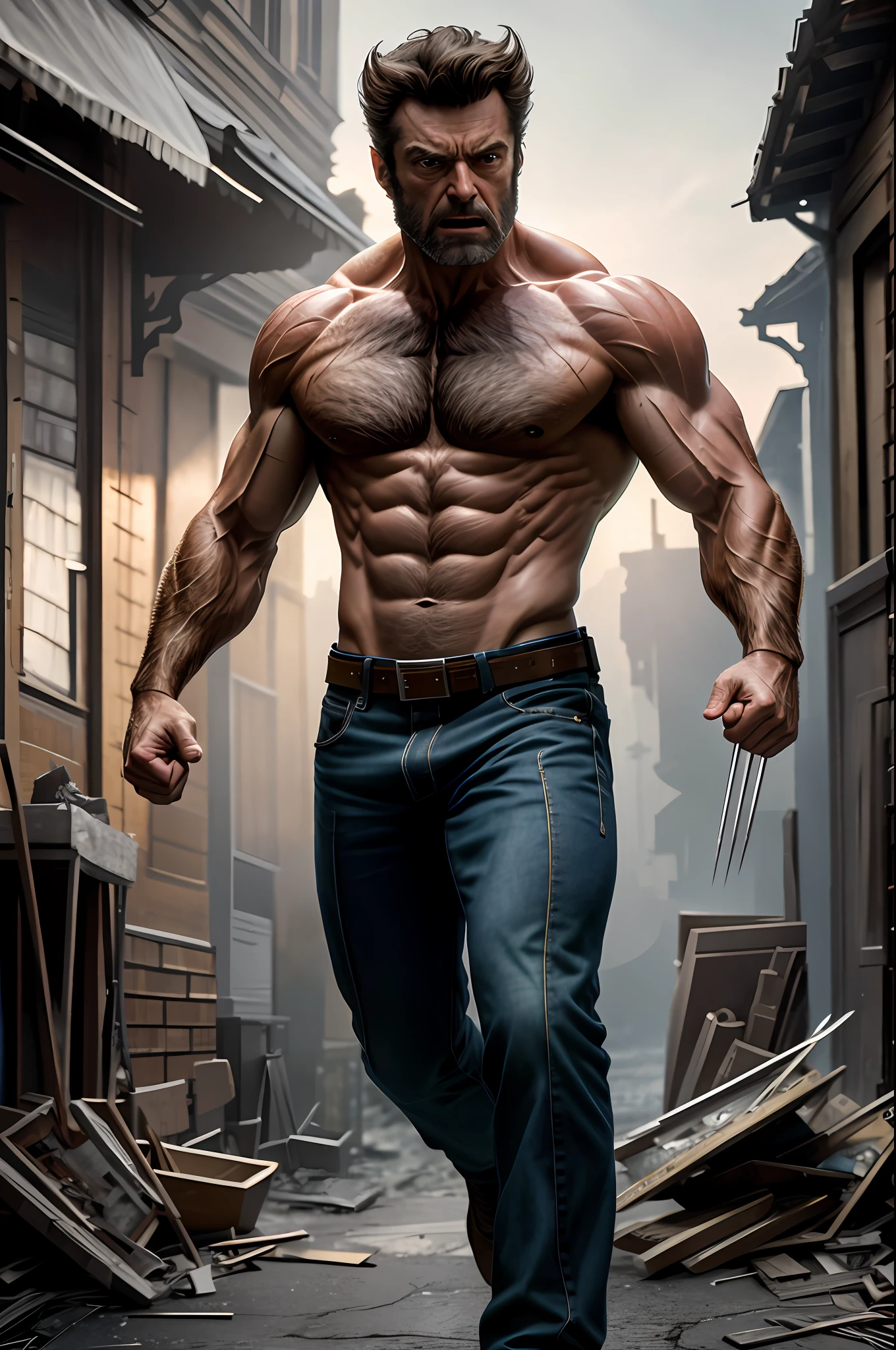 (8k, RAW photo, best quality, masterpiece: 1.2), ultra detailed, authorial art, photo-realistic: 1.37, upper body shot, model, marvel Wolverine, film grain, action pose, a perfect face, 50 years, intricate details, diffused light