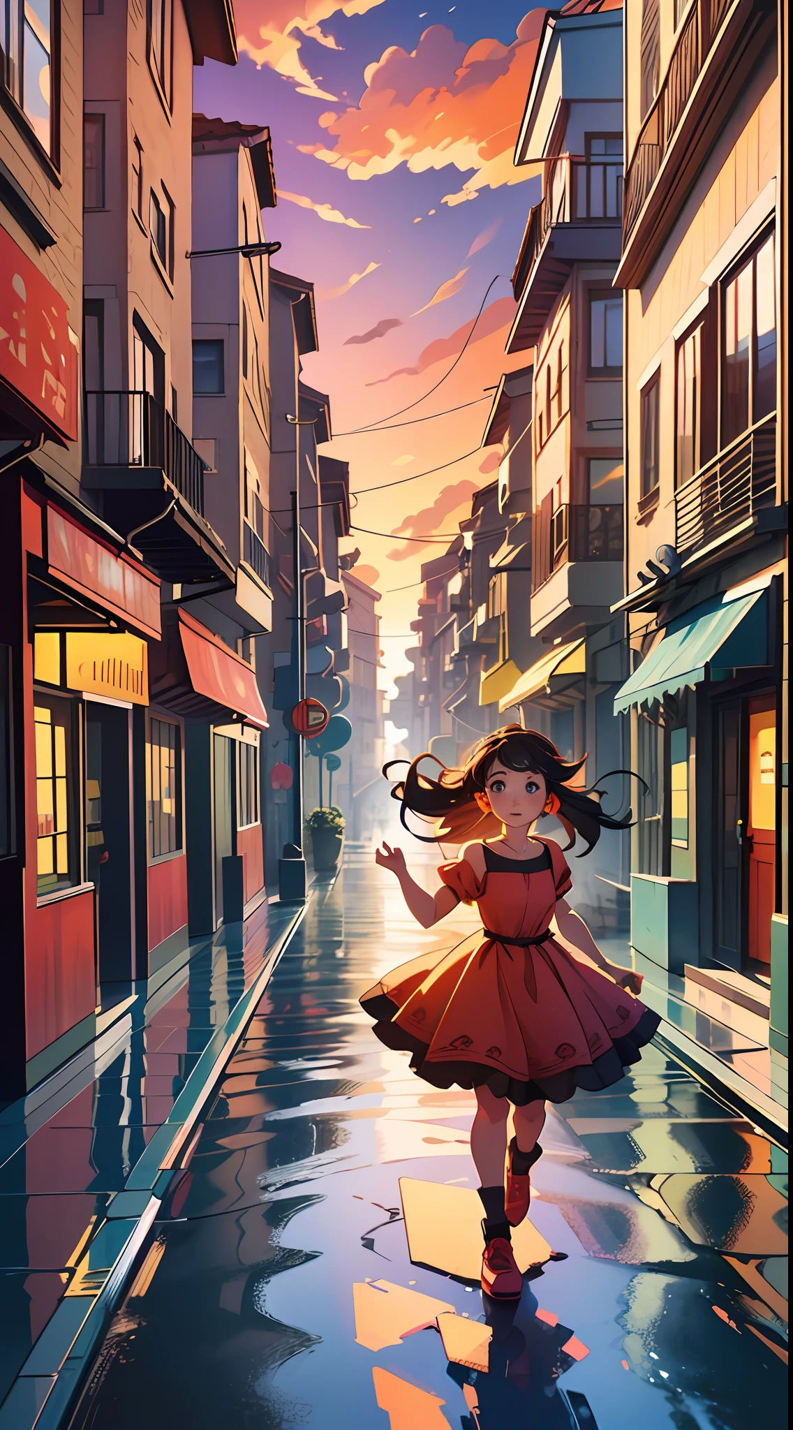 A whimsical image of a little girl on fire, weaving through the city streets in an effort to reach her fallen family. The girl, clad in a vibrant, flowing dress, is surrounded by a sea of flames, her hair cascading with color as she runs. The background features a cityscape filled with brightly colored buildings and storefronts, with silhouettes of children and adults standing nearby, their faces lit by the warm glow of the setting sun. The background features an urban setting with rolling hills, with a rooftop garden with oversized flowers and a winding wooden path leading to a shallow pool. wide aperture, soft lighting, HDR --auto --s2