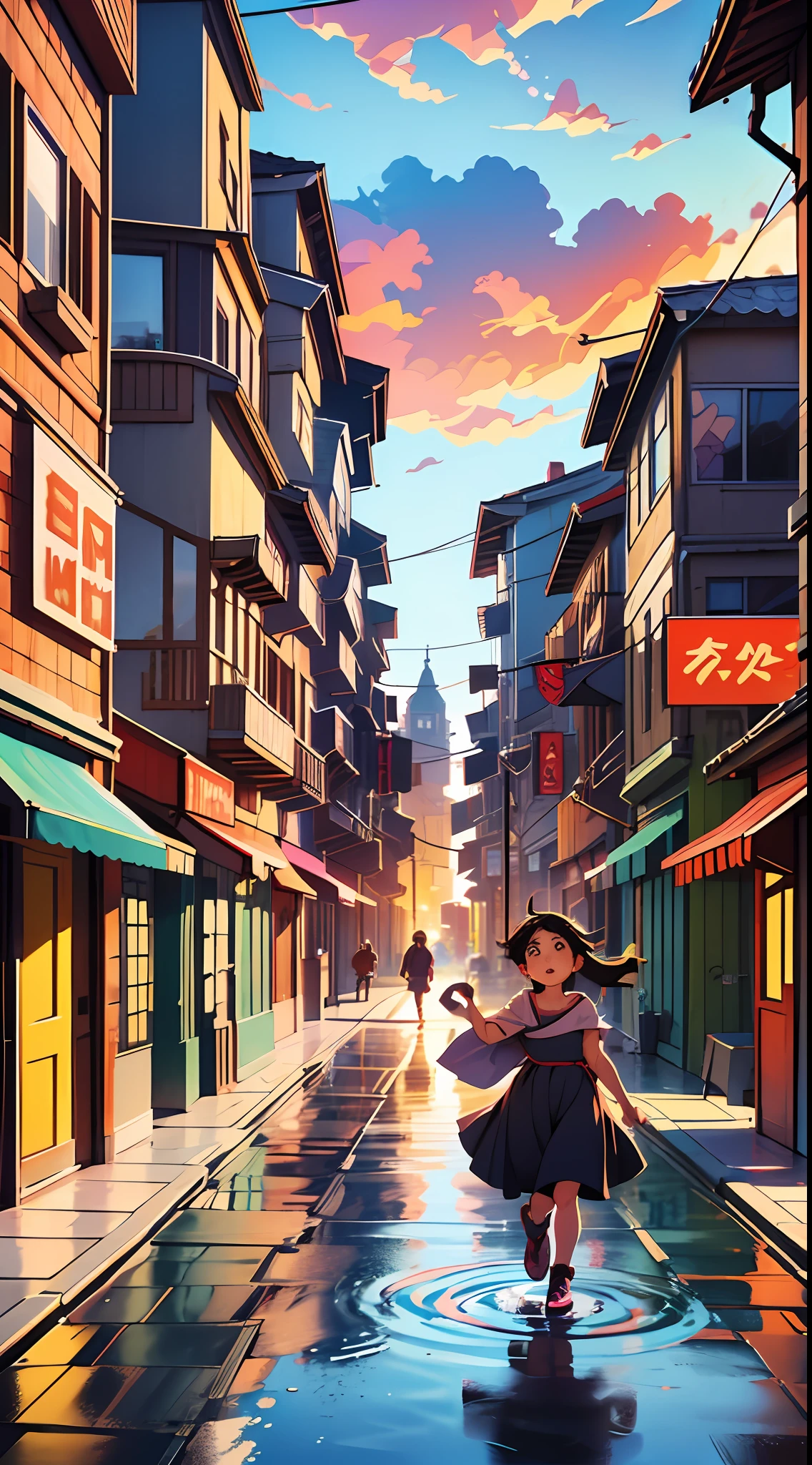A whimsical image of a on fire, weaving through the city streets in an effort to reach her fallen family. The girl, clad in a vibrant, flowing dress, is surrounded by a sea of flames, her hair cascading with color as she runs. The background features a cityscape filled with brightly colored buildings and storefronts, with silhouettes of children and adults standing nearby, their faces lit by the warm glow of the setting sun. The background features an urban setting with rolling hills, with a rooftop garden with oversized flowers and a winding wooden path leading to a shallow pool. wide aperture, soft lighting, HDR --auto --s2