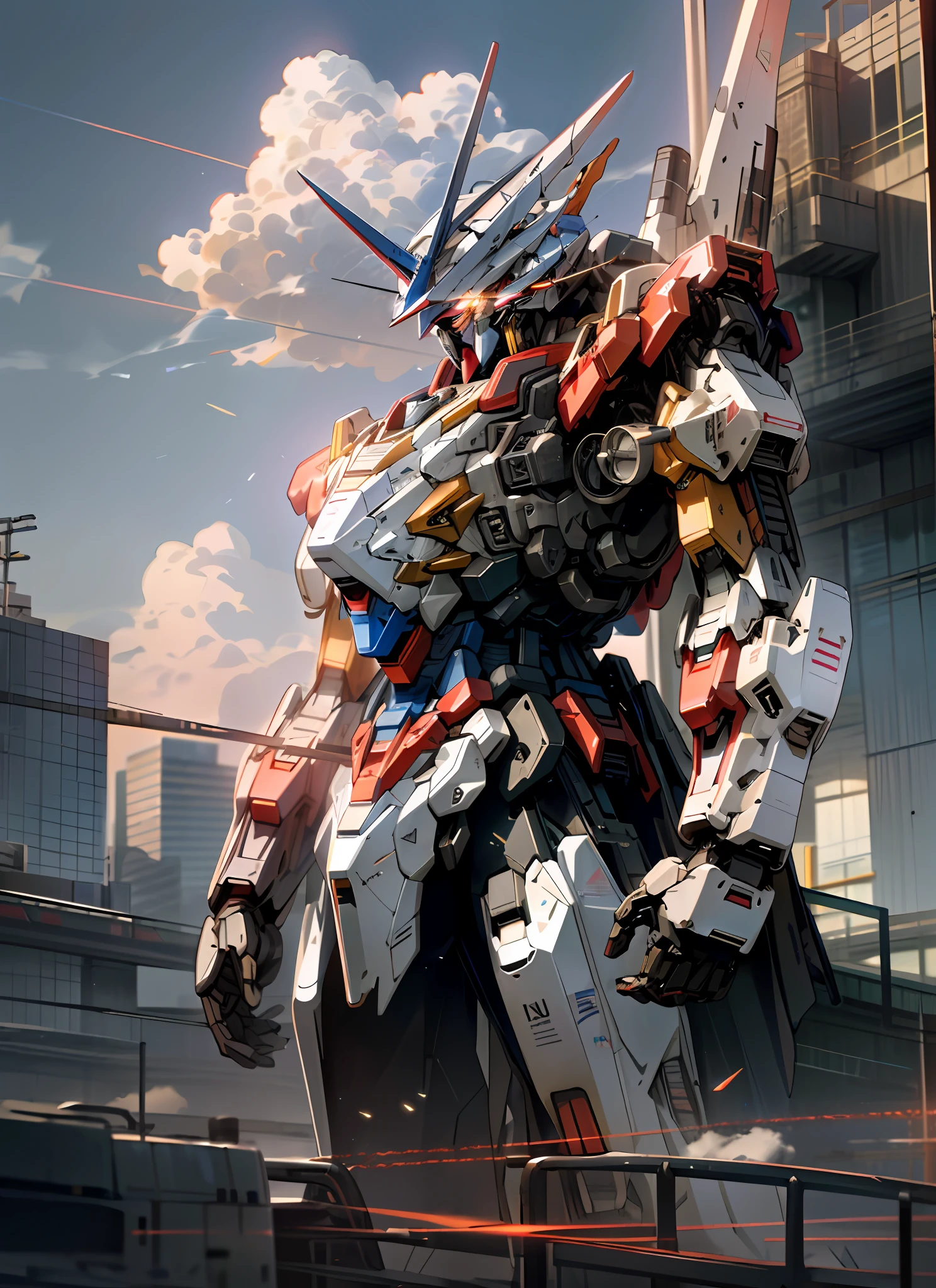 Sky, Clouds, holding_weapon, no_humans, Glow, Red and Blue Gundam, Architecture, Sunset, Sunset, glowing_eyes, Mecha, Science Fiction, City, Reality, Mecha, UE5 Rendering, Octane Rendering, 8K, Ray Tracing Effects, High Precision