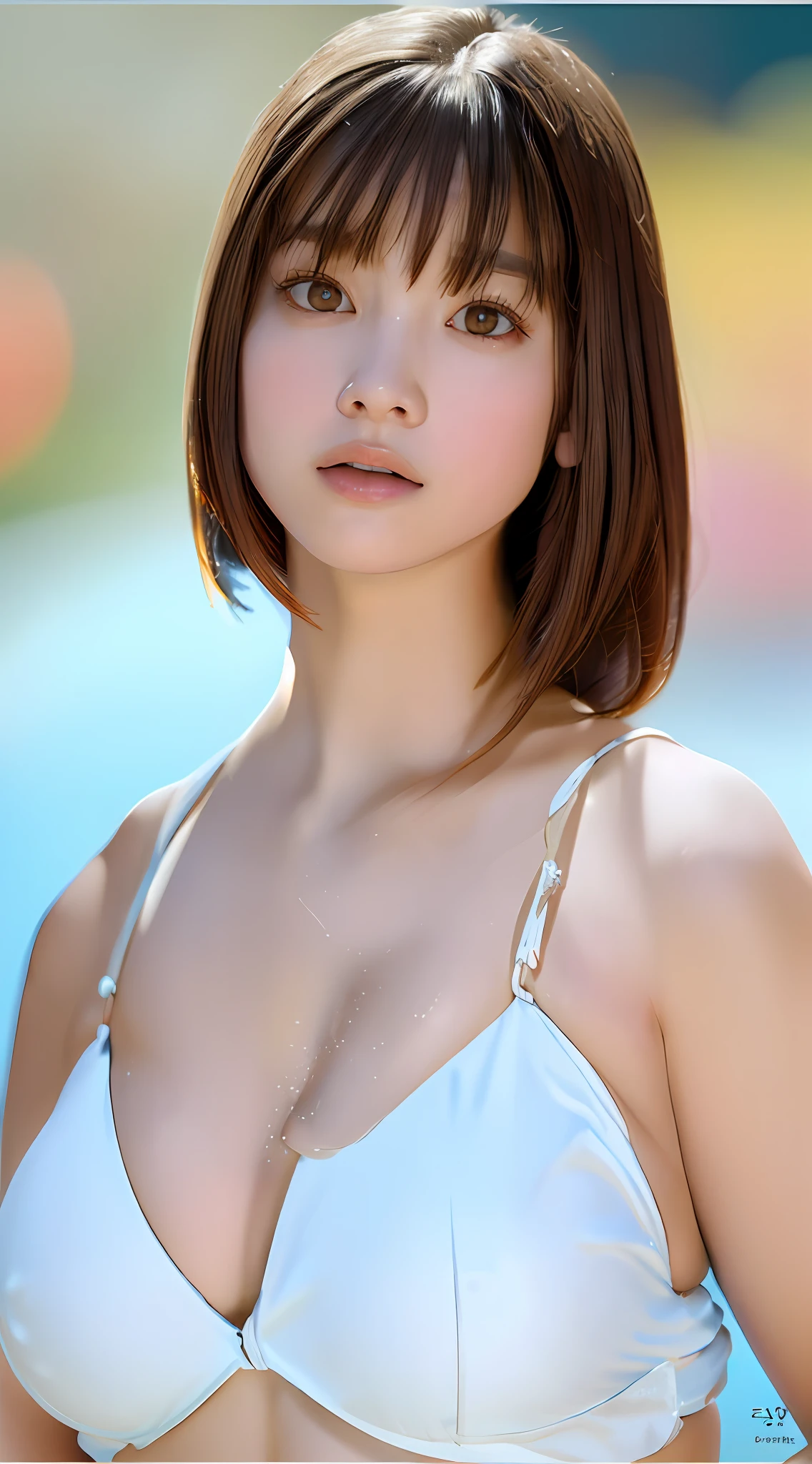 ((Top Quality, 8k, Masterpiece: 1.3)), Sharp Focus: 1.2, Perfect Body Shape: 1.4, Slender Abs: 1.2, (((Dark Brown Hair, Huge Breasts: 1.4)), Swimsuit, Urban Area: 1.2, Highly Detailed Face and Skin Texture, Detailed Eyes, Double Eyelids