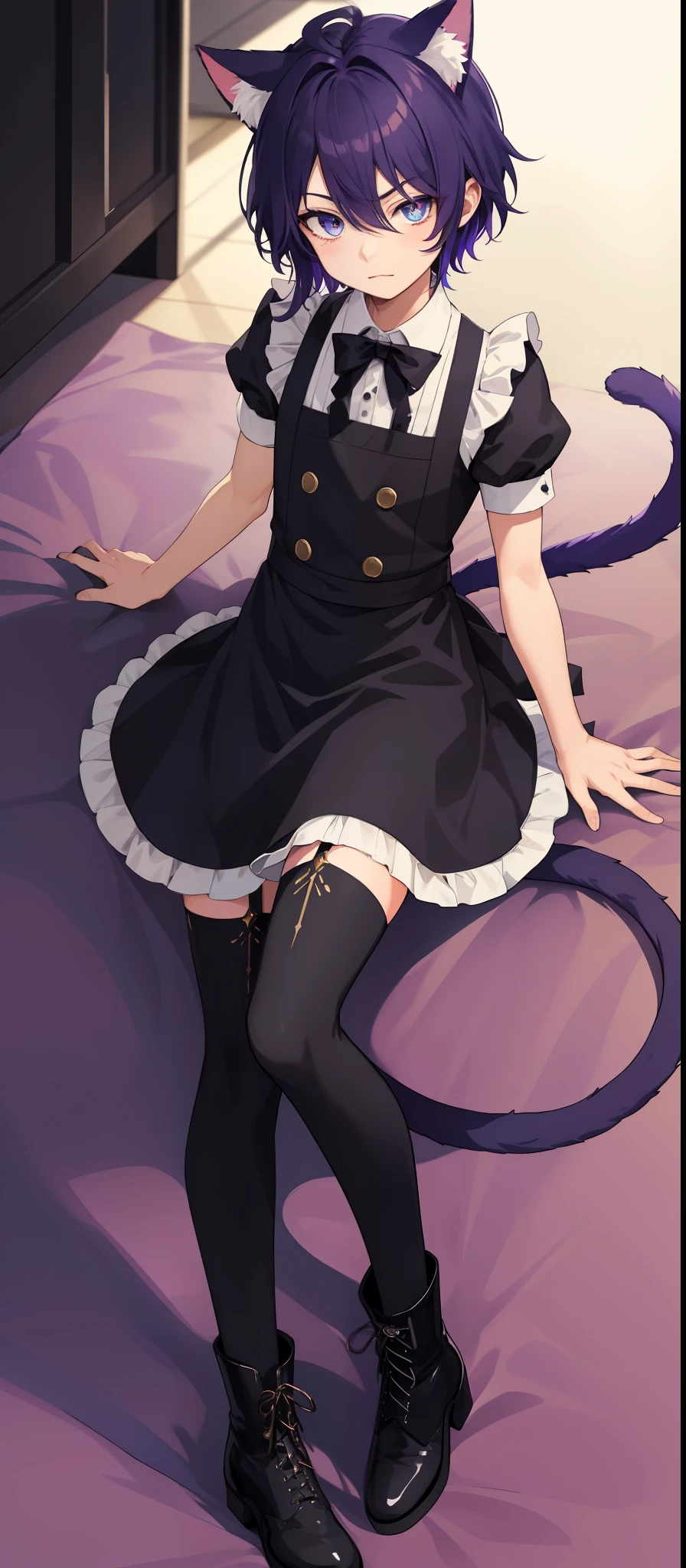 1boy, toned, sharp cat ears, cat tail, dark purple messy hair, dark blue eyes, cosmic powers, HD, masterpiece, vibrant, black boots, dead expression, maid outfit