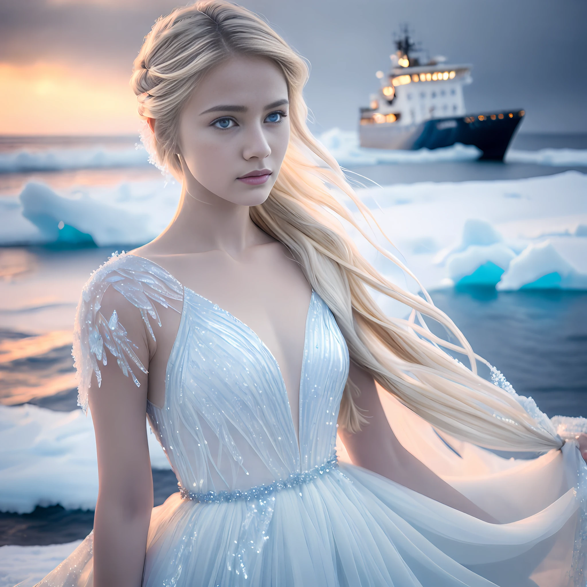 (extremely detailed woman with long blonde hair braided in the shape of a ponytail, blue eyes, soft and delicate skin, medium breasts, looking to be 25 years old wearing a dress made of ice covering her entire body, realistic, angelic, award-winning digital art,(insamente detailed 1.5,) with tips in detail in 8k wallpaper ) wide and open photography 20 megapixel canon eos r3 ice magic, in an environment of dramatic and chaotic rain, in a frozen sea, and a giant ship in blur in the background