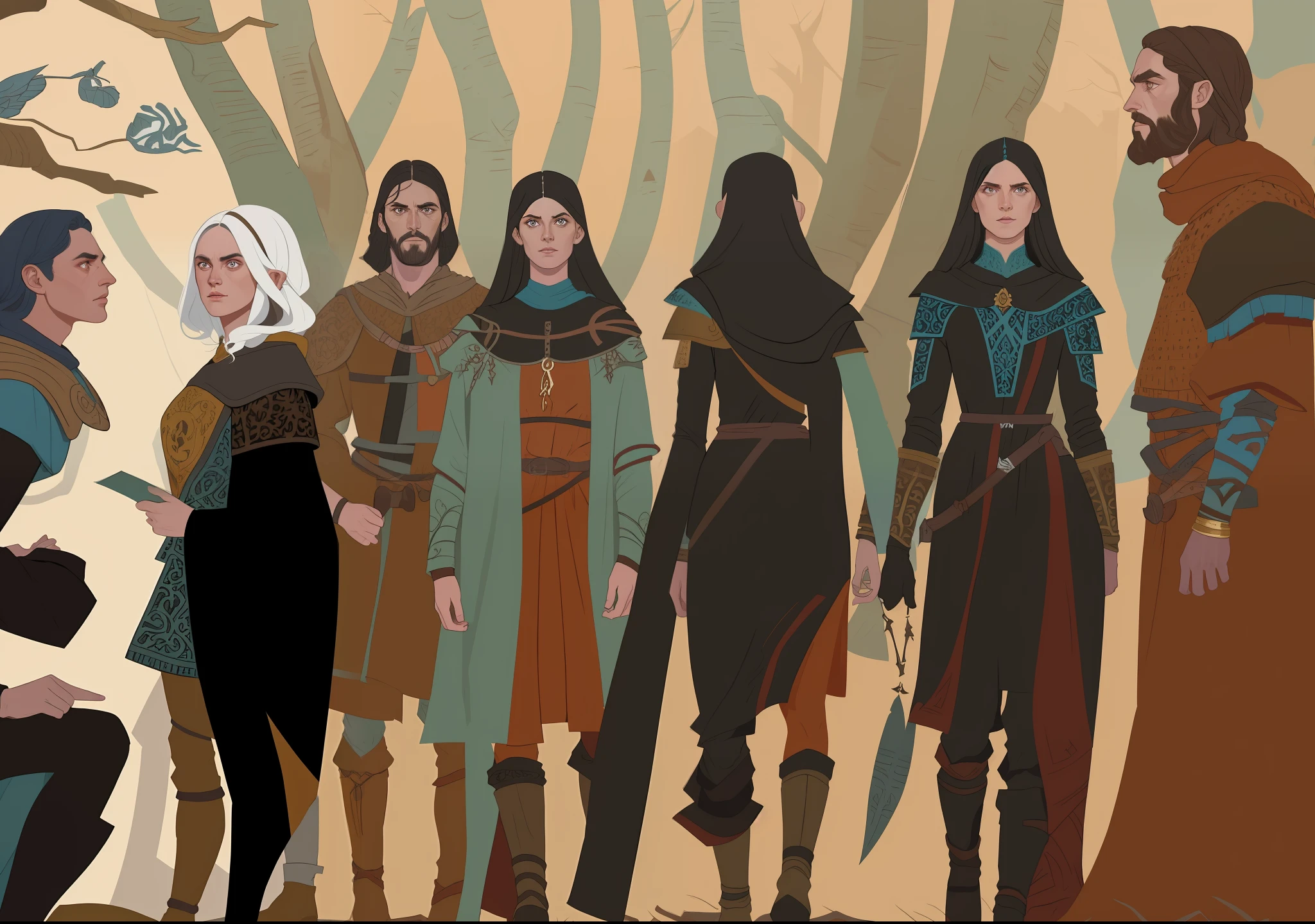 masterpiece, best quality, hyper detailed gouache portrait of a group of dark elves in a forest, medieval clothing, characters concept, detailed symmetric bodies, epic scene illustration, graphic novel scene, dramatic, tension, cinematic, dynamic angles