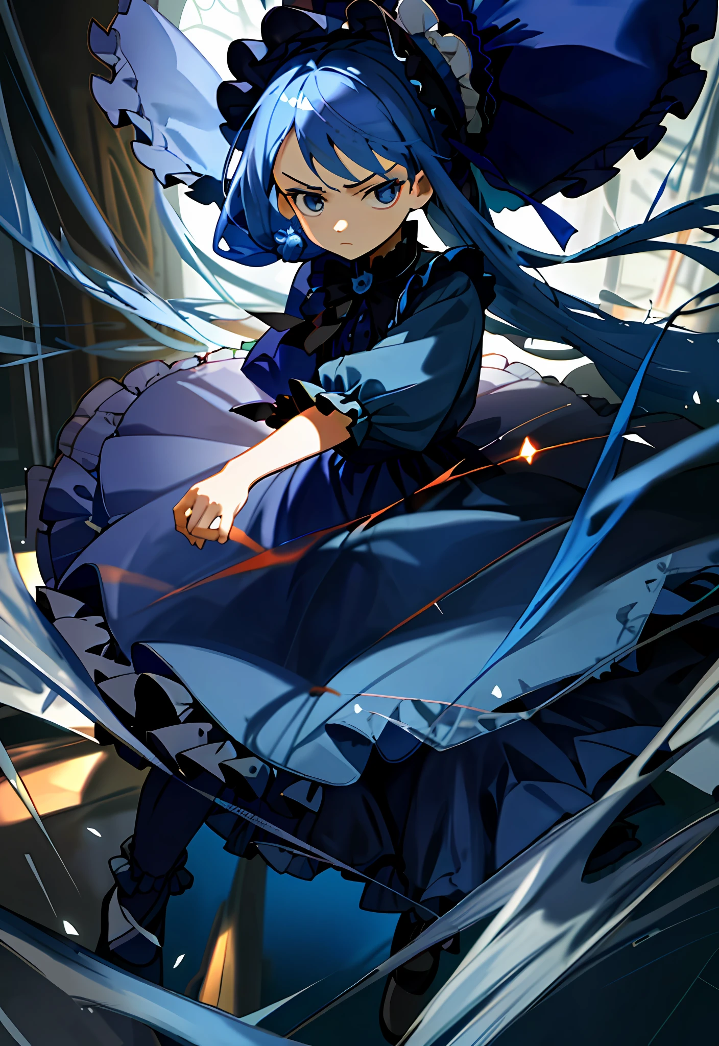 (masterpiece, best quality, illustration), 1 , face focus, long blue hair, half updo, expressionless face, glaring, long navy blue Lolita styless, bonnet hat, full body, fighting motion pose, loli, smooth li bright, clear