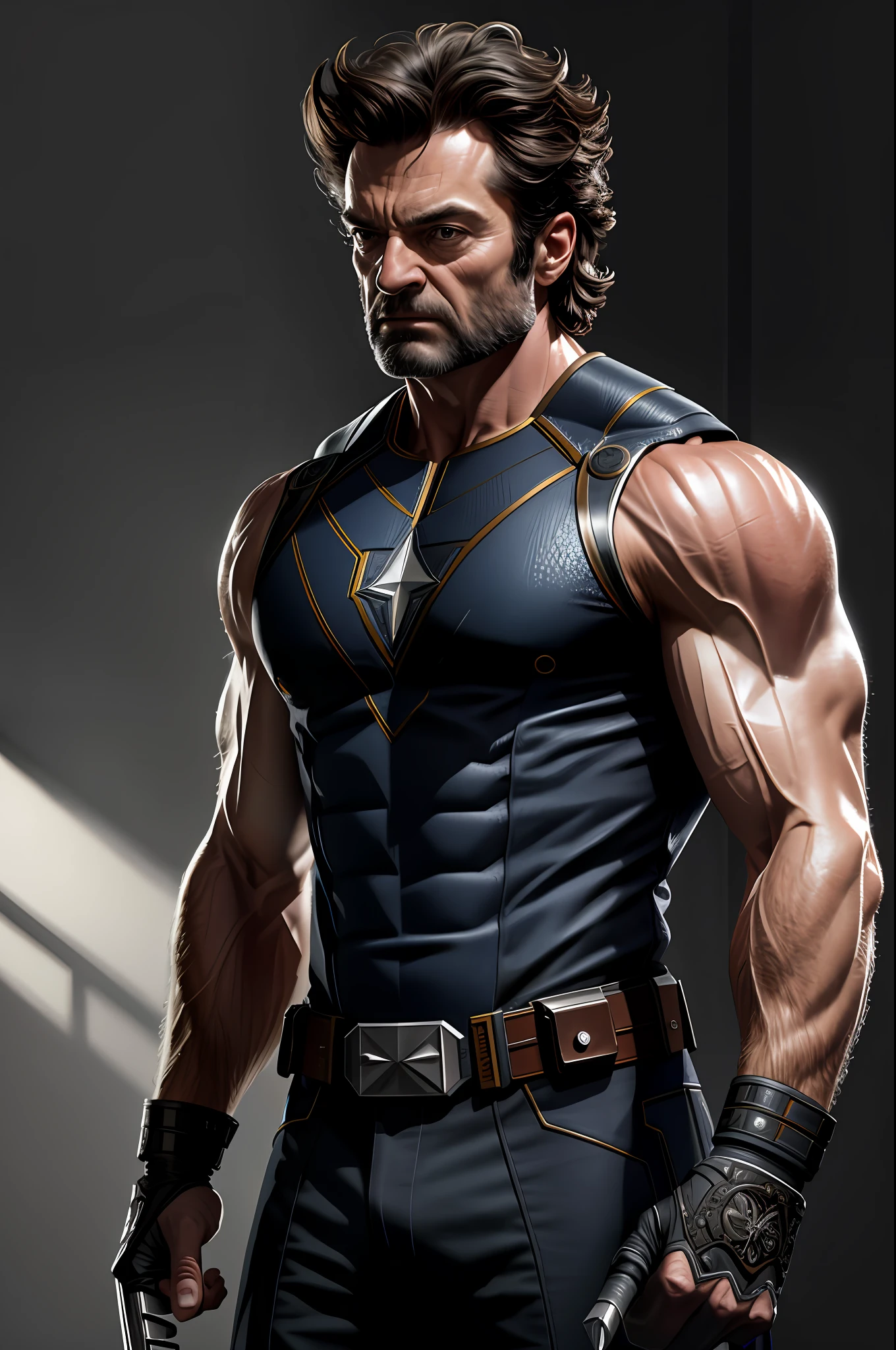 (8k, RAW photo, best quality, masterpiece: 1.2), ultra detailed, authorial art, photo-realistic: 1.37, upper body shot, original uniform, model, marvel Wolverine, film grain, action pose, a perfect face, 50 years, intricate details, diffused light, by Marvel