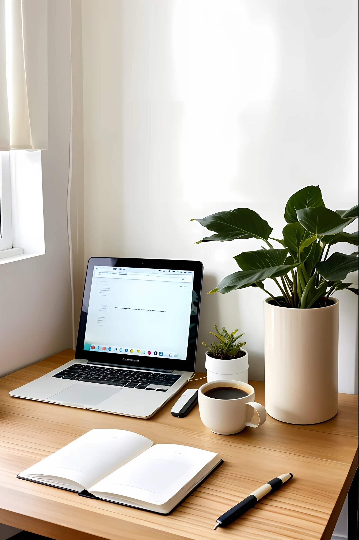 Home office with minimalist decoration in offwhite and beige colors, with a modern table and on top of the table a MacBook, a single small plant vase, some notebooks and a cup of coffee. Cozy and cozy photo., realistic photo, Canon 85mm, pay attention to details, use only a table and a MacBook, 8K, extremely detailed