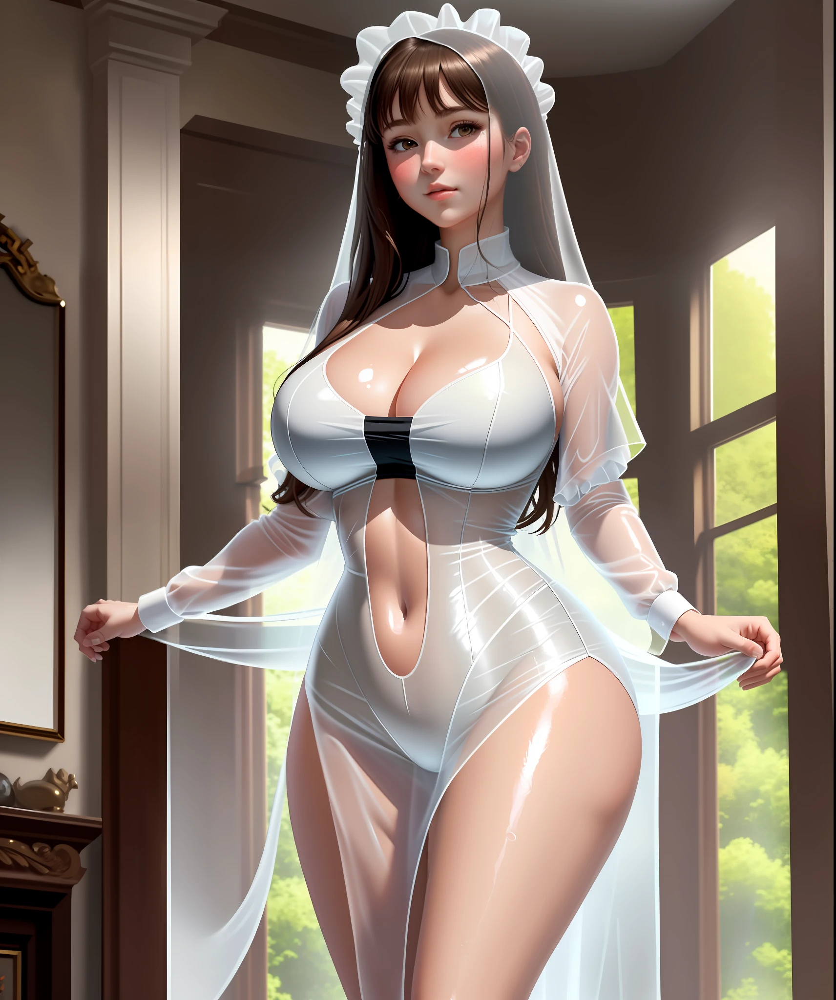 Masterpiece, best quality, 4k, detailing, Super sexy girl 1, solo, big breasts, perspective all height, you can see the whole body, in wet transparent clothes, translucent clothes stuck to the body, embarrassed look up at the viewer, blushing, detailing fingers, active pose, against the background of a beautiful room
