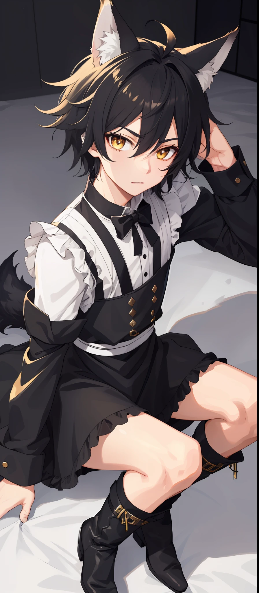 1boy, toned, sharp wolf ears, wolf tail, black messy hair, golden eyes, HD, masterpiece, vibrant, black boots, dead expression, maid outfit