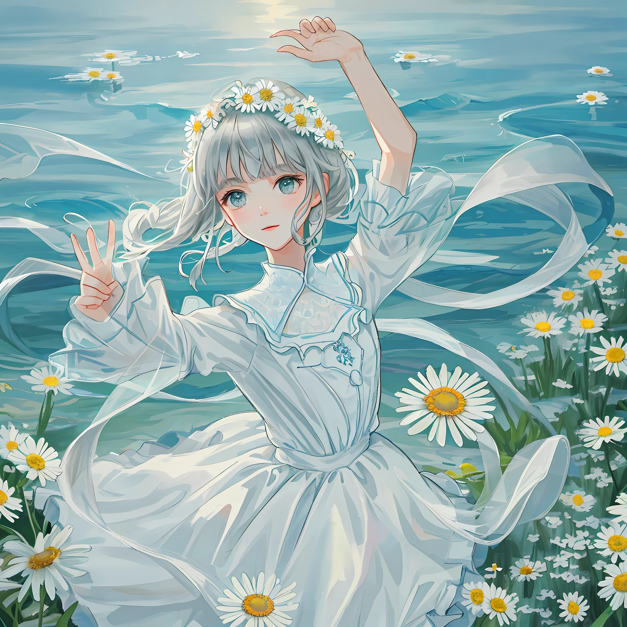 The picture quality is excellent, the details are detailed, and the small and elegant beauty dances in the sea of blooming daisy flowers.
