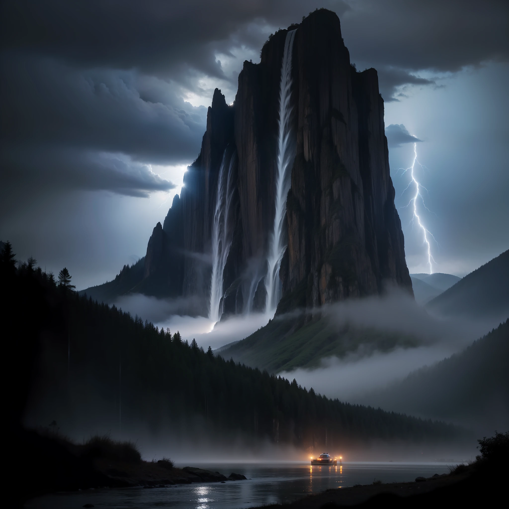 (best quality, masterpiece),an extremely delicate and beautiful,heavy rain and lightning,scenic,great mountain, high contrast, high detail, high realism, surreal, vivid, threatening, drama, wet texture.