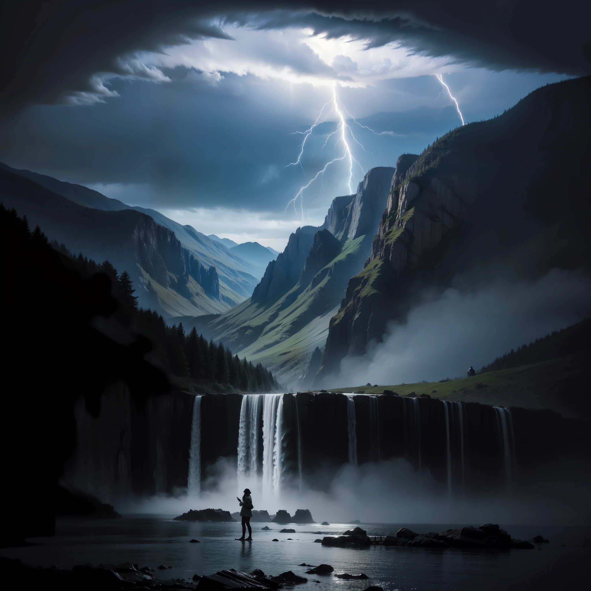(best quality, masterpiece),an extremely delicate and beautiful,heavy rain and lightning,scenic,great mountain, high contrast, high detail, high realism, surreal, vivid, threatening, drama, wet texture.