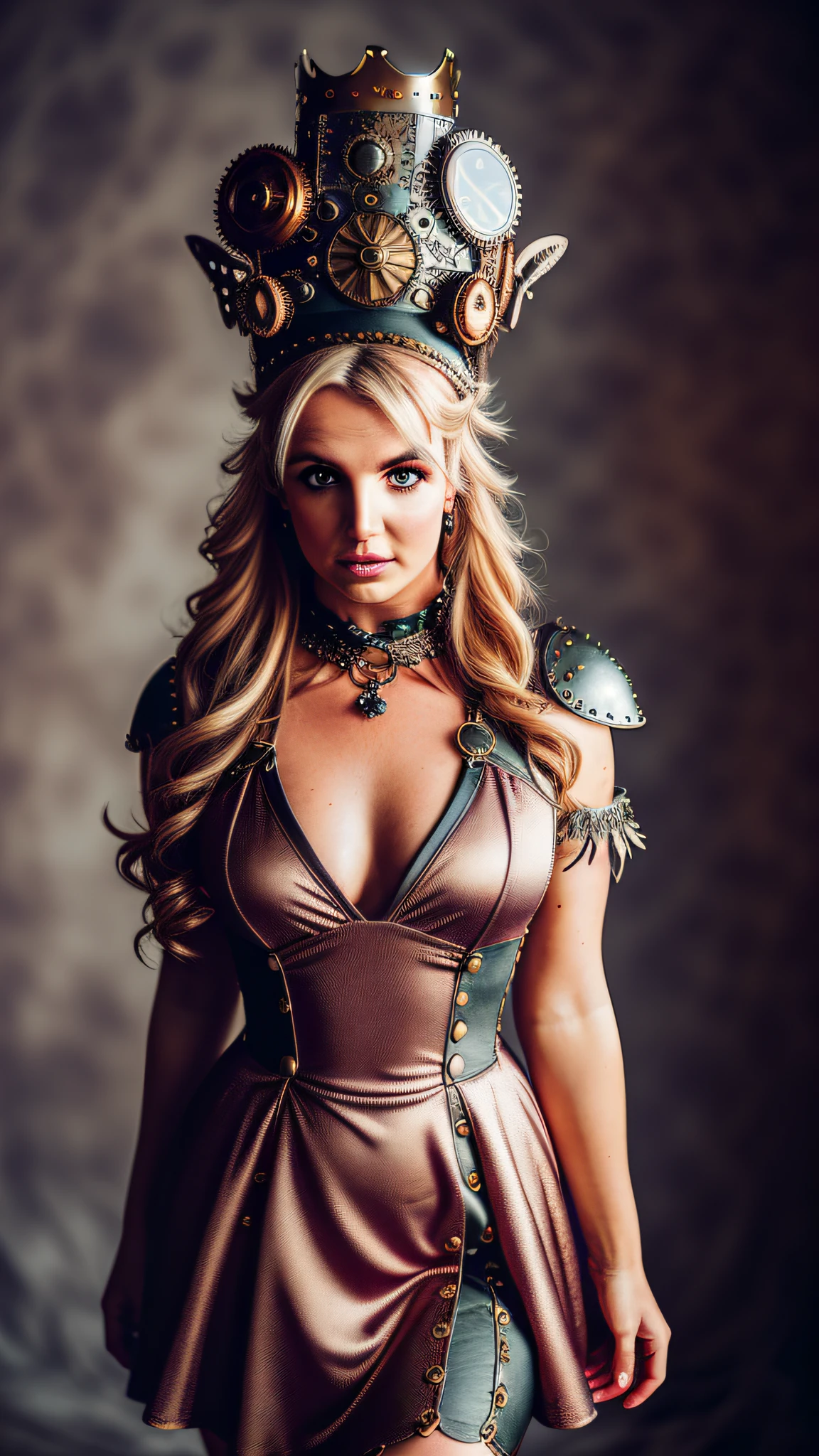 Britney Photoshoot, (eroticism:1.3), (steanpunk dress:1.3), steampunk diadem on her head, highly detailed, long brown long hair, princess, (masterpiece) (perfect aspect ratio)(realistic photo)(best quality) (detailed) photographed on a Canon EOS R5, 50mm lens, F/2.8, HDR, (8k) (wallpaper) (cinematic lighting) (dramatic lighting) (sharp focus) (intricate)