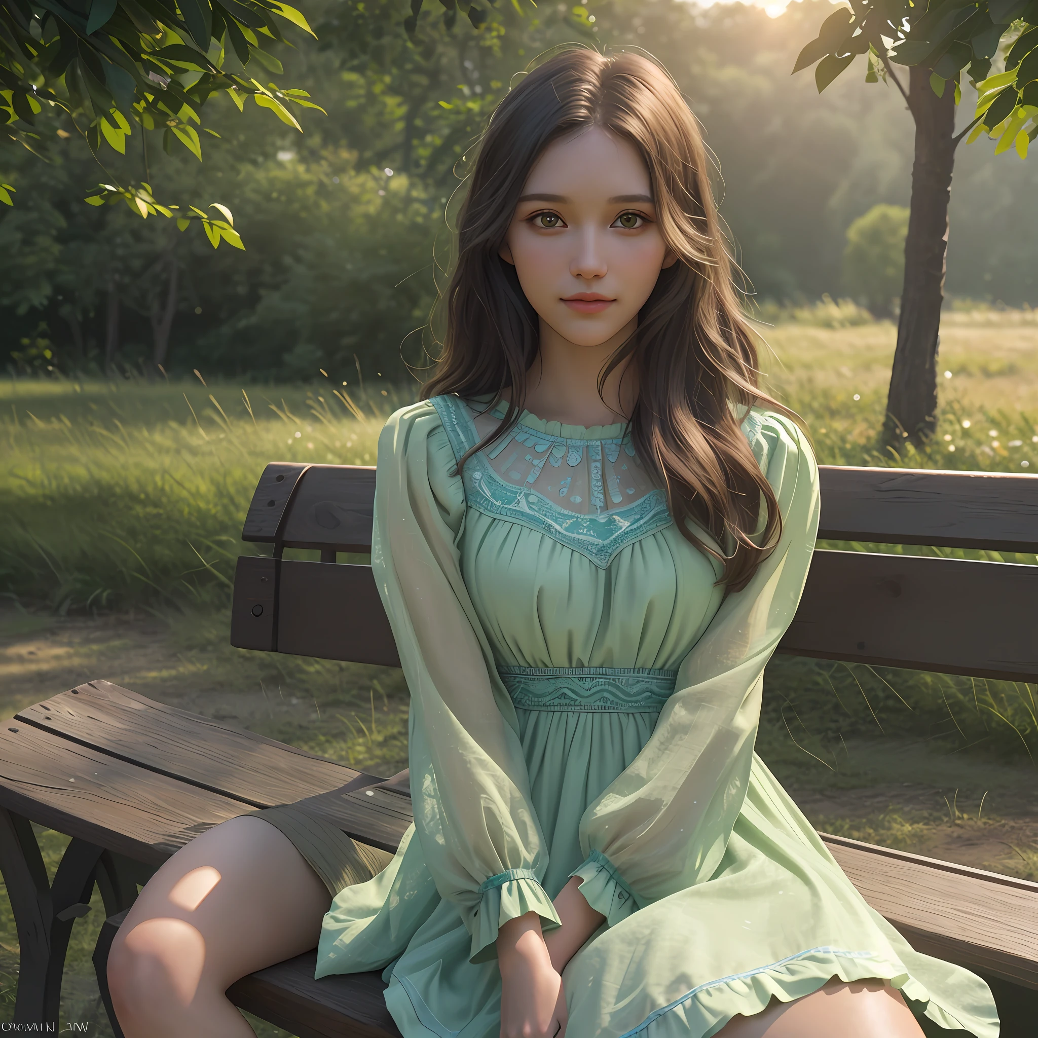 cute beautiful brunette wearing yellow summer dress (sitting on wooden bench at sunset), very detailed, 31 years old, flirty face, messy long hair, green eyes, high-res, masterpiece, best quality,intricate details, highly detailed,sharp focus, detailed skin,realistic skin texture,texture, detailed eyes, professional, 4k, smile, shot on Canon, 85mm,shallow depth of field,kodak vision color, green eyeshadow, extremely detailed, photo_\(ultra\), photorealistic, realistic, post-processing, max detail, roughness, real life, ultra realistic, photorealism, photography, 8k uhd, photography, braless, pokies