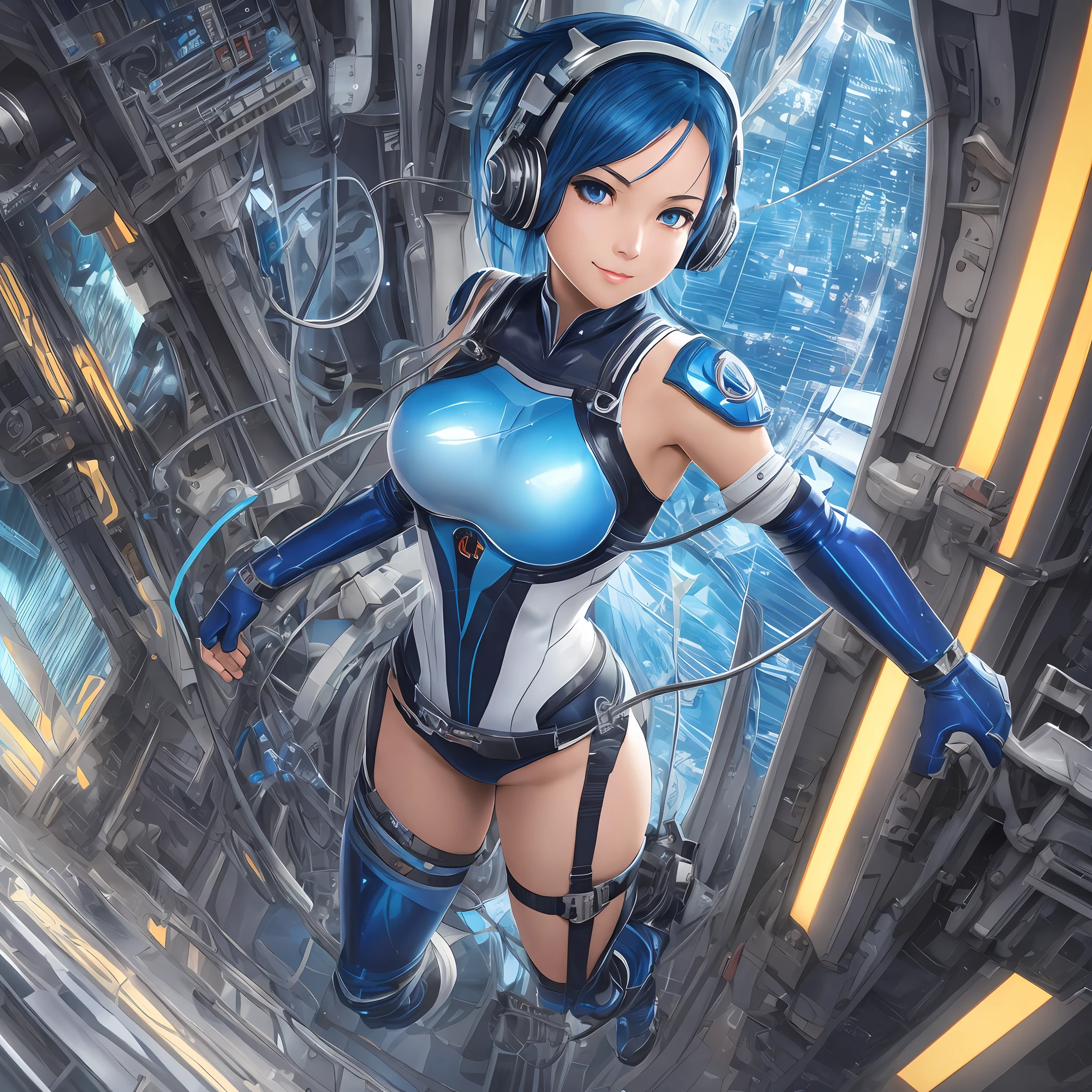 full body, blue hair, masterpiece, best quality, official art, album art, very elaborate cg Unity 8K wallpaper, solo girl, Japan girl, full body, super high resolution, dynamic angle, dynamic pose, short hair, sparkly blue color eyes, pilot suit in white and blue and black colors, tight fit clothes, full body covering clothes, knee boots, watch viewer, frontal, beauty , Medium breasts, Shirt lift, Metal wire, Slim body, Arm-length gloves, Anime heroine, Gentle smile, Headset, Detailed cockpit --auto --s2