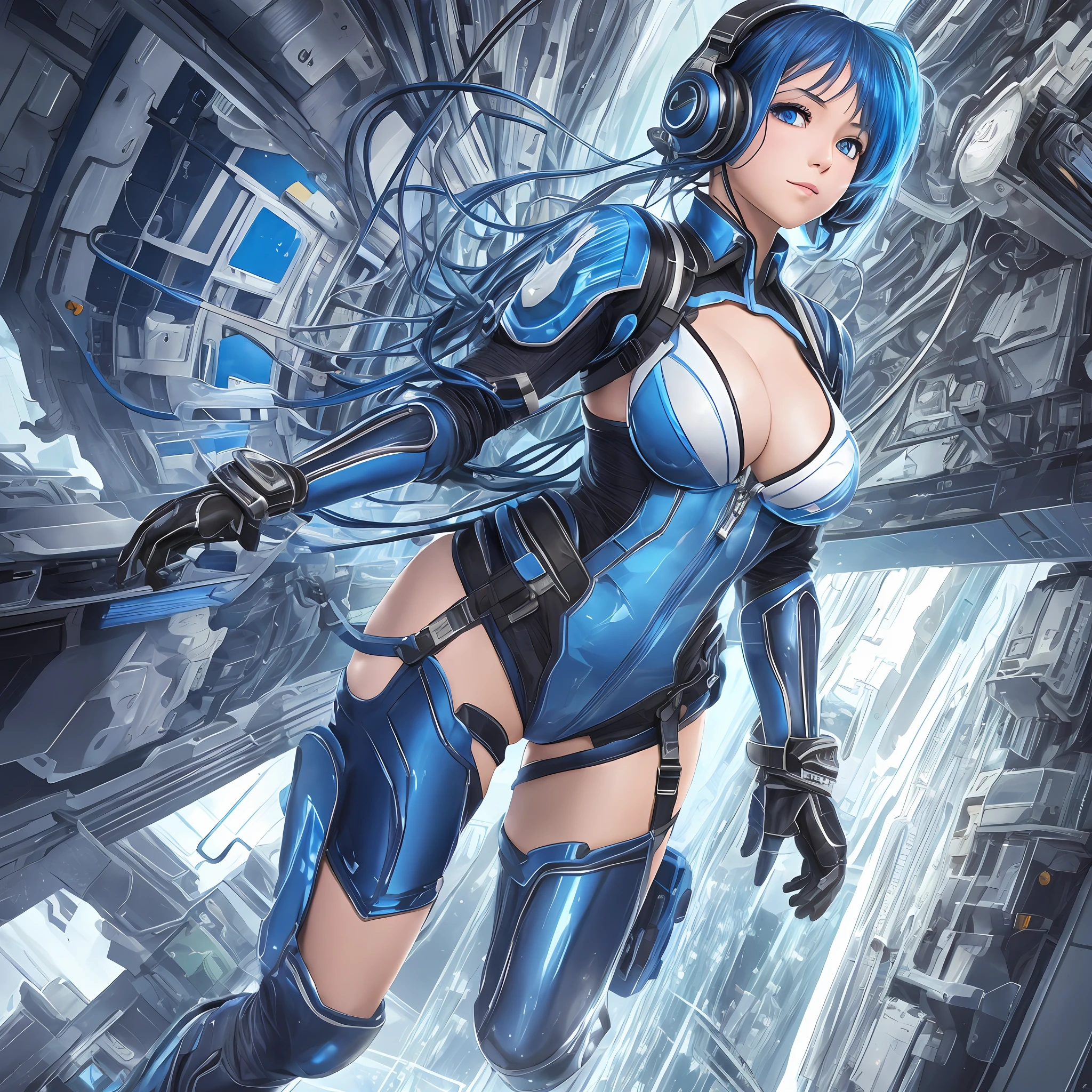 full body, blue hair, masterpiece, best quality, official art, album art, very elaborate cg Unity 8K wallpaper, solo girl, Japan girl, full body, super high resolution, dynamic angle, dynamic pose, short hair, sparkly blue color eyes, pilot suit in white and blue and black colors, tight fit clothes, full body covering clothes, knee boots, watch viewer, frontal, beauty , Medium breasts, Shirt lift, Metal wire, Slim body, Arm-length gloves, Anime heroine, Gentle smile, Headset, Detailed cockpit --auto --s2