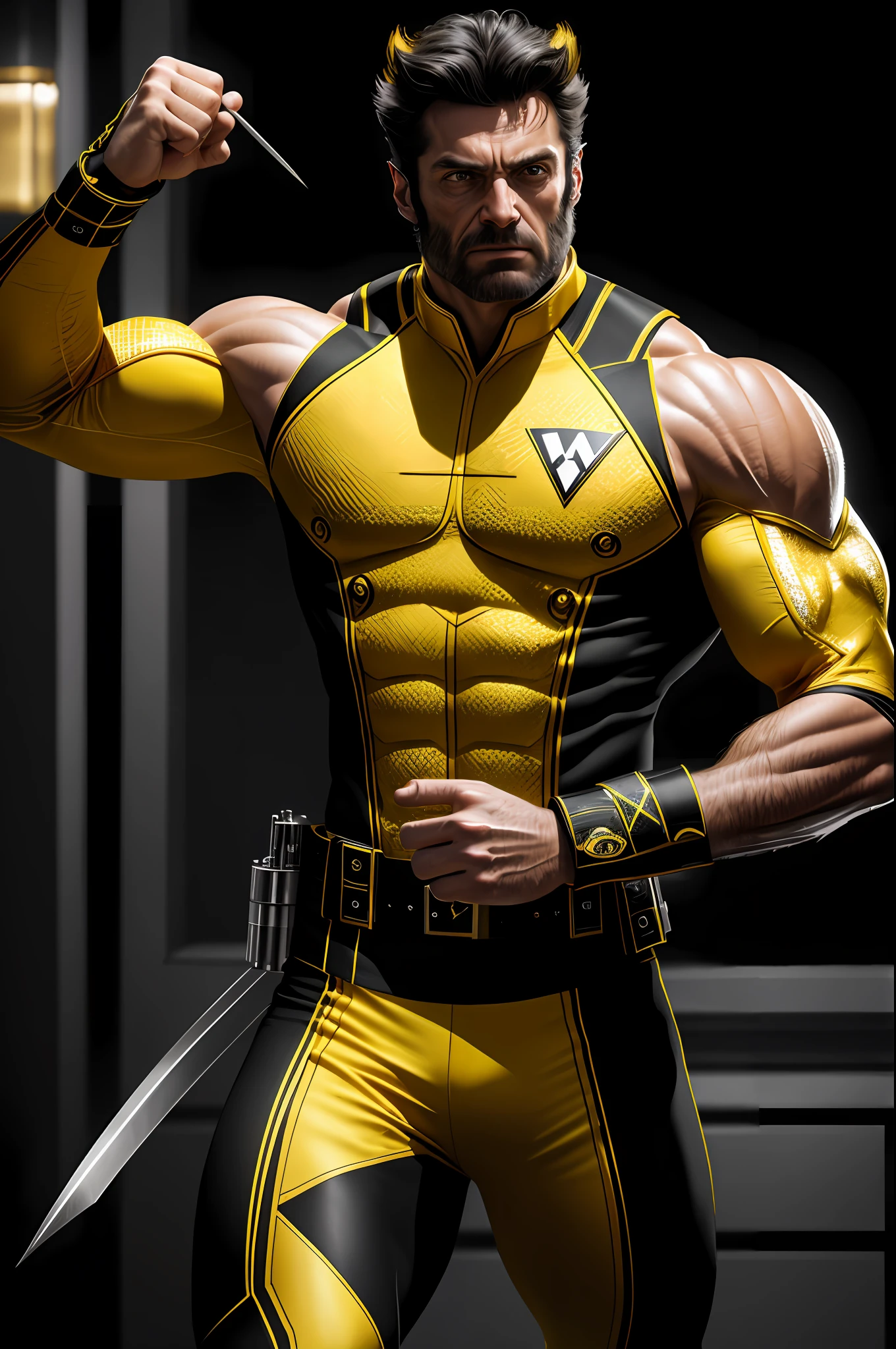 (8k, RAW photo, best quality, masterpiece: 1.2), ultra detailed, authorial art, photo-realistic: 1.37, upper body shot, ((original black and yellow uniform: 1.2)), model, marvel Wolverine, film grain, action pose, a perfect face, 50 years, intricate details, diffused light, by Marvel