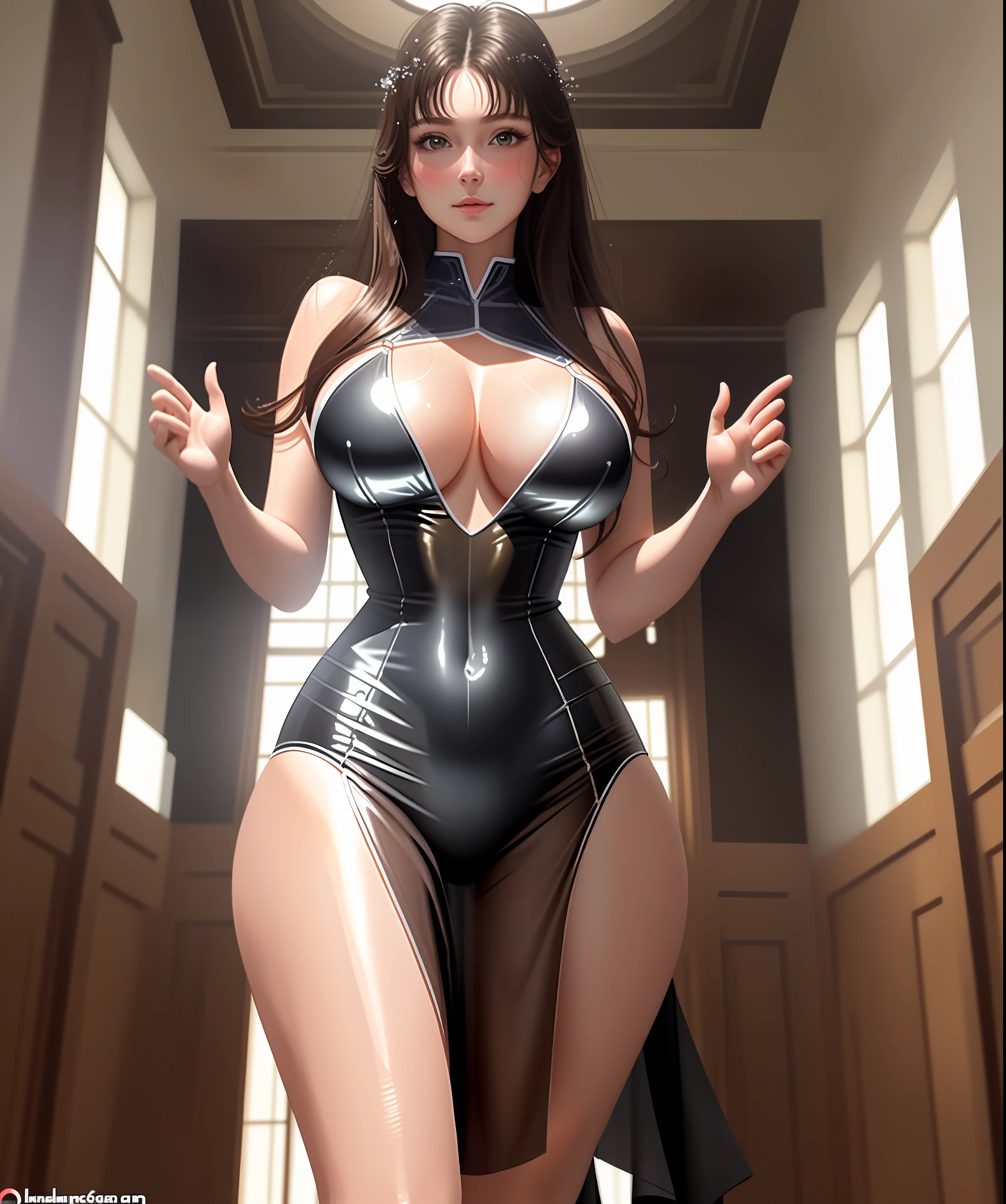 Masterpiece, best quality, 4k, detailing, Super sexy girl 1, solo, big breasts, perspective all height, you can see the whole body, in wet transparent clothes, are slightly visible from under the clothes, embarrassed look up at the viewer, blushing, detailing fingers, active pose, against the background of a beautiful room