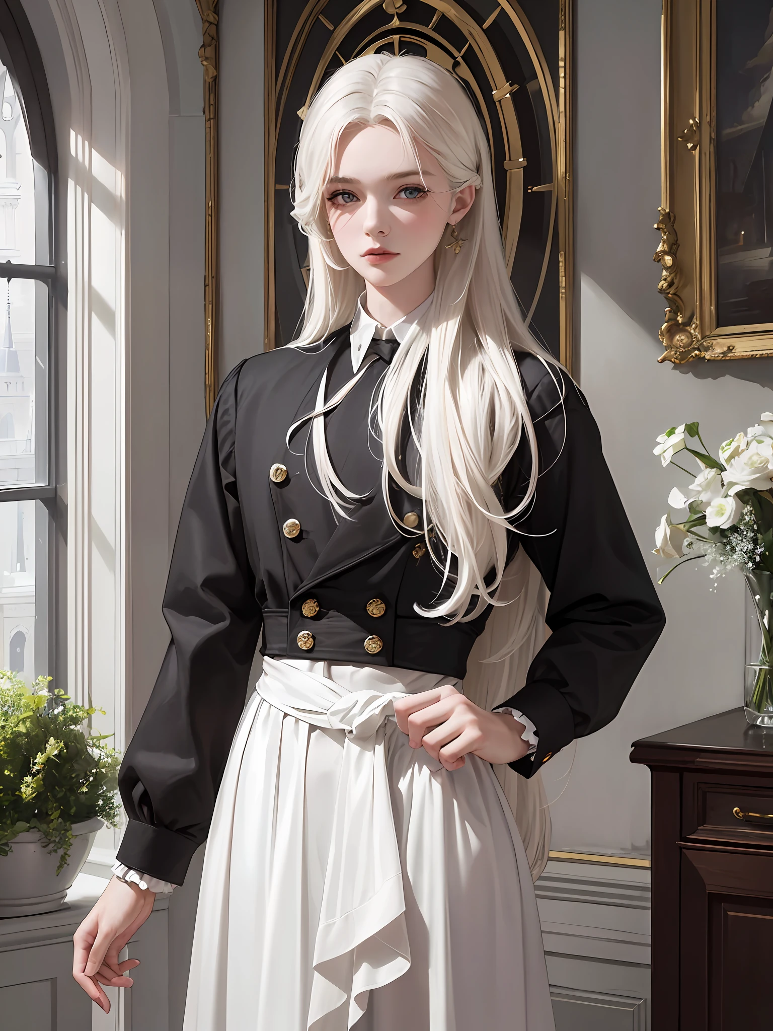 {{masterpiece}}, {{best quality}}, {ultra-detailed}, {{extremely detailed}}, 4K, {8K}, best quality, {beautiful}0, library, castle, sacred place, a handsome man, man, solo, suit, beautiful white hair, beautiful black eyes, {beautiful eyes}0, cool