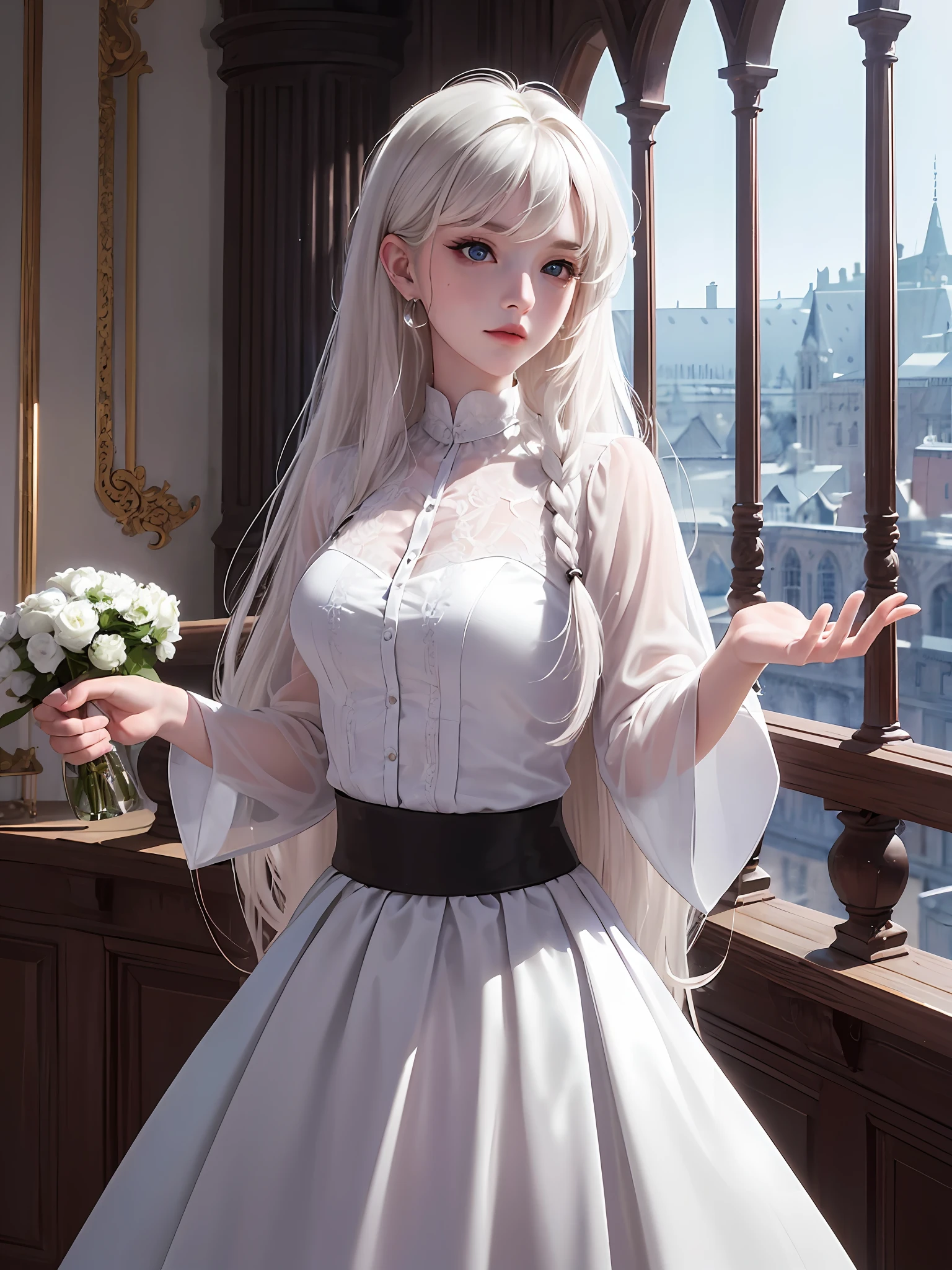 {{masterpiece}}, {{best quality}}, {ultra-detailed}, {{extremely detailed}}, 4K, {8K}, best quality, {beautiful}0, library, castle, sacred place, a handsome man, man, solo, suit, beautiful white hair, beautiful black eyes, {beautiful eyes}0, cool