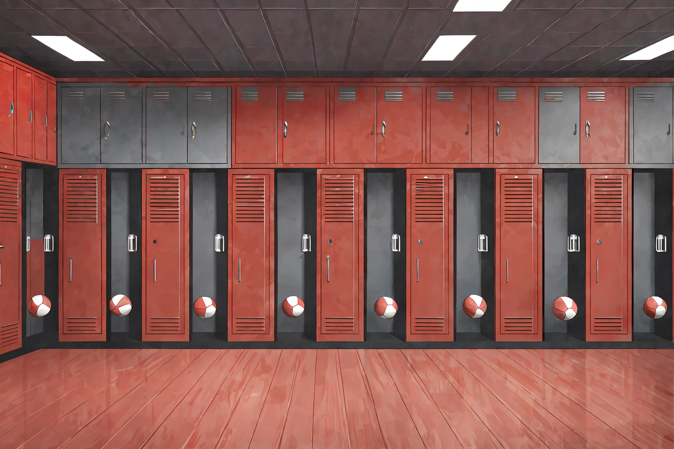 Create a football locker room with red and black lockers. Make sure the image captures the locker room environment in a realistic and self-contained way, with details like the lockers, the red and black colors, and any other elements you feel are important. Use a vibrant, contrasting color palette to make the image stand out and make it more appealing. Add textures and details to make the image more realistic, like the appearance of lockers and soccer uniforms. that the resulting image looks realistic and detailed." —c 10 —ar 2:3 --auto --s2