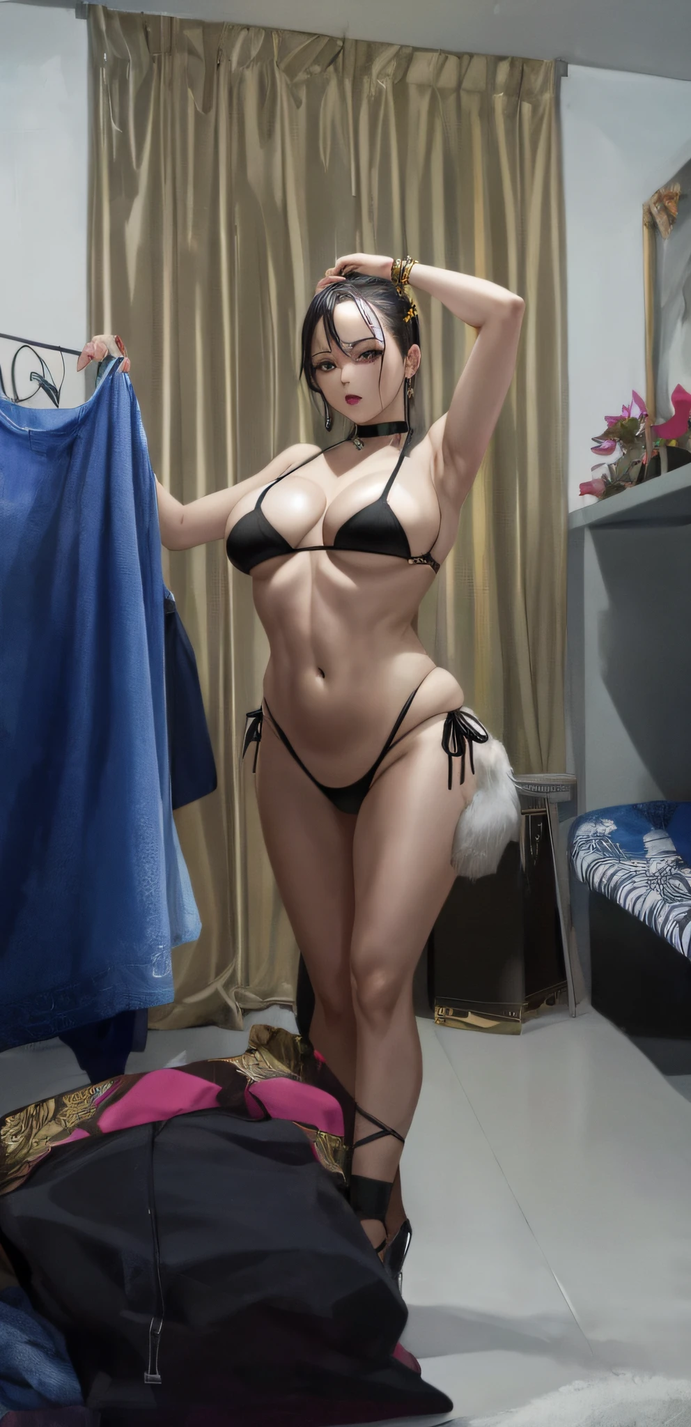 A beautiful woman standing, plump beauty, dancing pose, wearing a black swimsuit. Thong pants, lace-up bra, large breasts, round breasts, pronounced cleavage, deep cleavage, Sichuan-shaped abs,