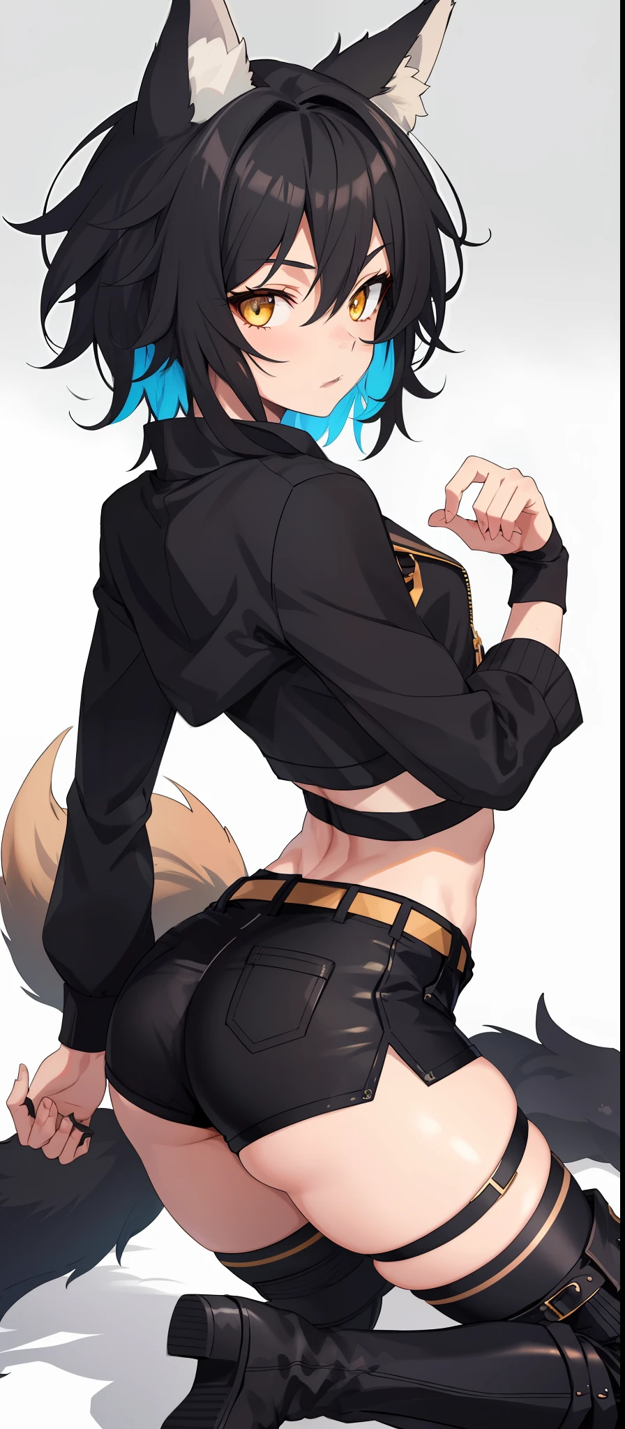 1boy, toned, sharp wolf ears, wolf tail, black messy hair, golden eyes, HD, masterpiece, vibrant, black boots, dead expression, thigh highs, booty shorts, crop top, big thighs, big butt, safe for work