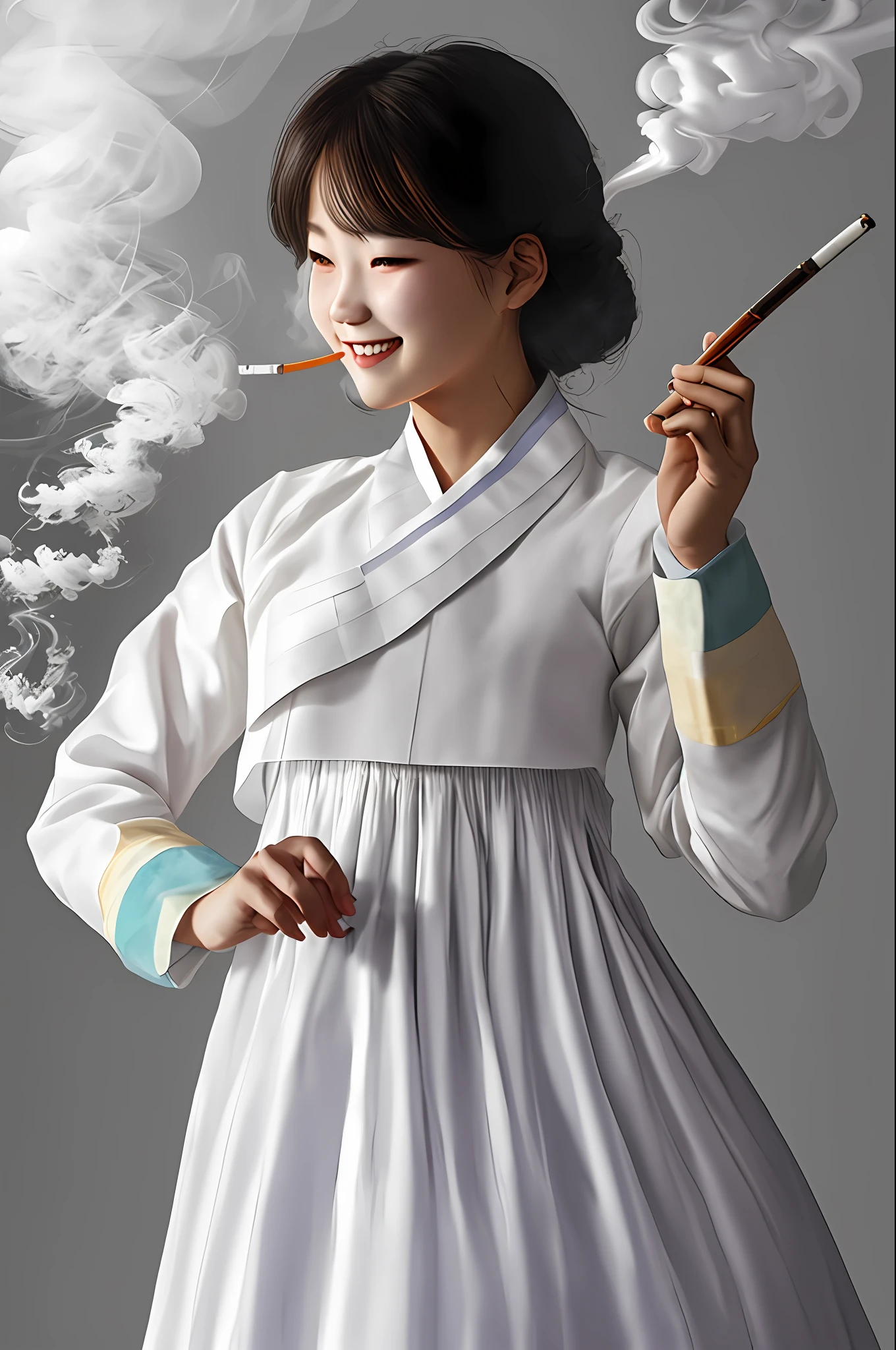 1 girl, young, smile, hanbok, korean clothes, upper body, simple background, (realistic smoke, white smoke, smoking pipe, smoke), (masterpiece, best quality:1.2)