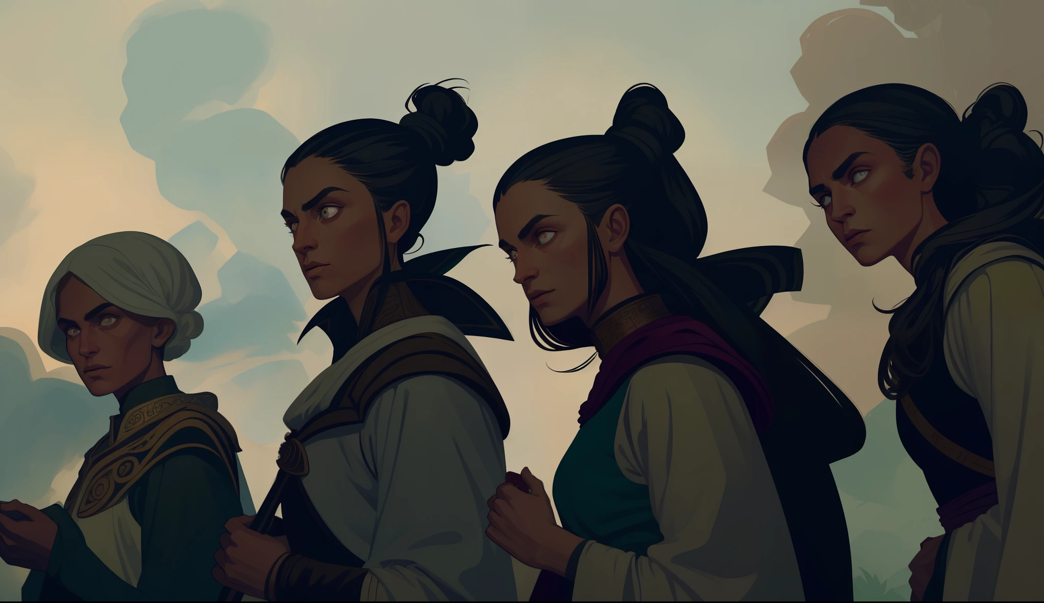 masterpiece, best quality, hyper detailed gouache portrait of a group of dark elves in a forest, medieval clothing, characters concept, detailed symmetric bodies, epic scene illustration, graphic novel scene, dramatic, tension, cinematic, dynamic angles