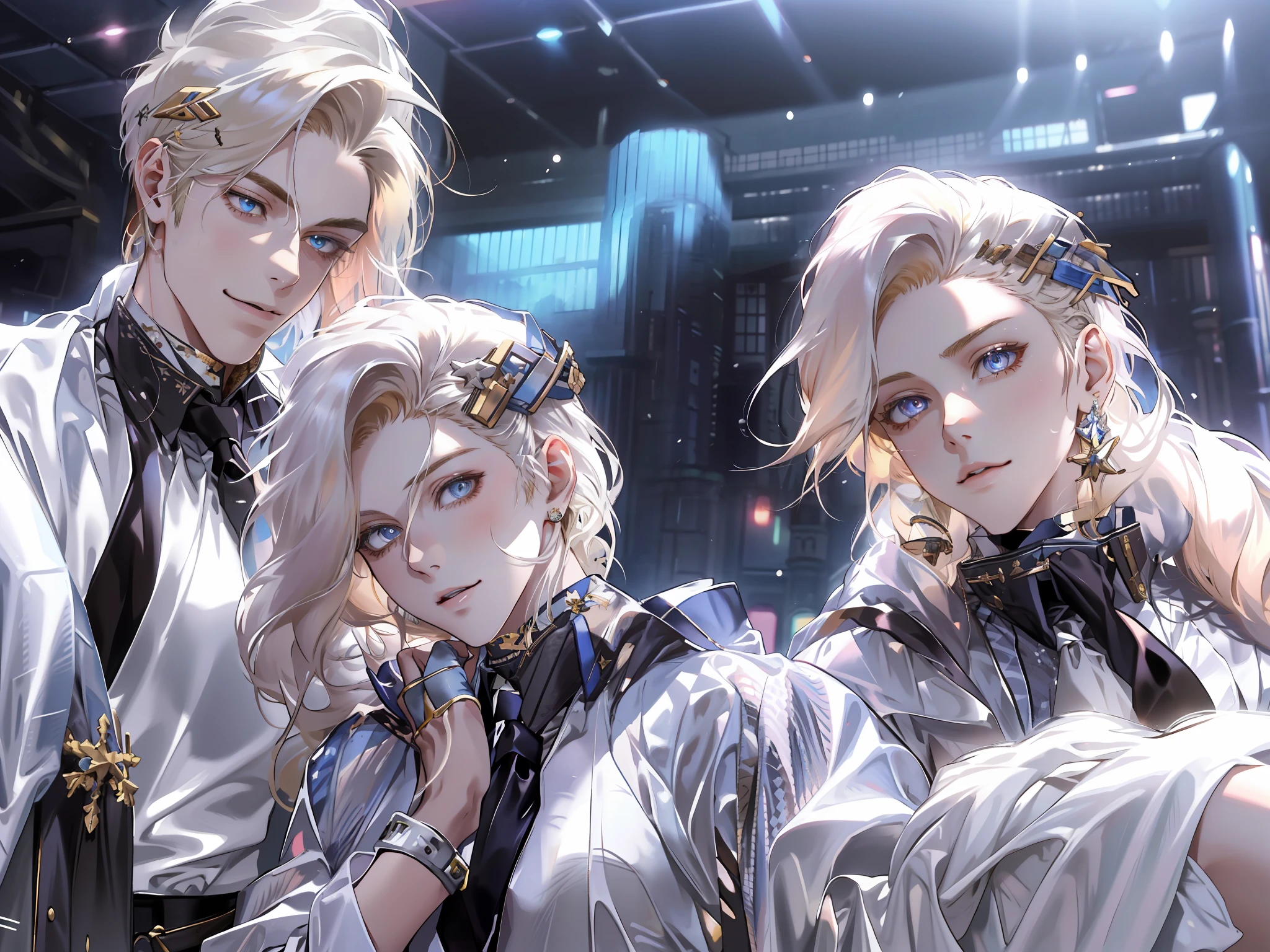 (masterpiece),(best quality:1.0), (ultra highres:1.0), detailed illustration, 8k, anime, 1girl, 2 boy, beautiful anime girl, godly attire, pretty face, detailed face, beautiful eyes, detailed eyes, dark eyes, subtle smile, blonde hair girl, multicoloured hair, beautiful stylish hair, highlights in hair, boys are wearing silver suite, shirts and necktie, stylish hair, godly image, poolside, highly detailed