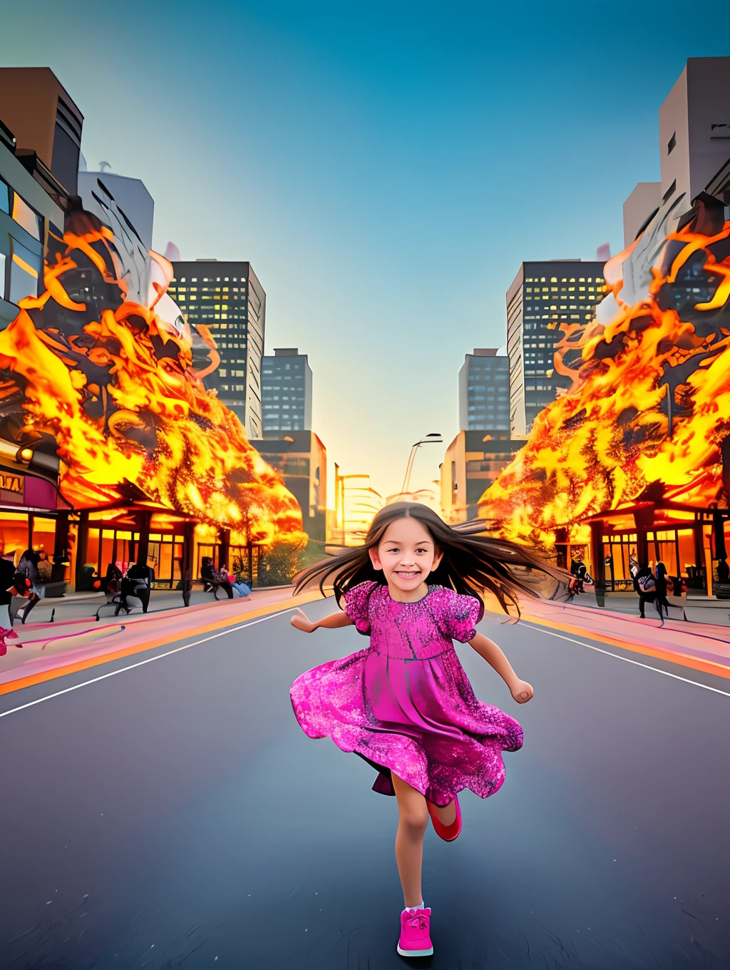 A whimsical image of a  girl on fire, weaving through the city streets in an effort to reach her fallen family. The girl, clad in a vibrant, flowing dress, is surrounded by a sea of flames, her hair cascading with color as she runs. The background features a cityscape filled with brightly colored buildings and storefronts, with silhouettes of children and adults standing nearby, their faces lit by the warm glow of the setting sun. The background features an urban setting with rolling hills, with a rooftop garden with oversized flowers and a winding wooden path leading to a shallow pool. wide aperture, soft lighting, HDR