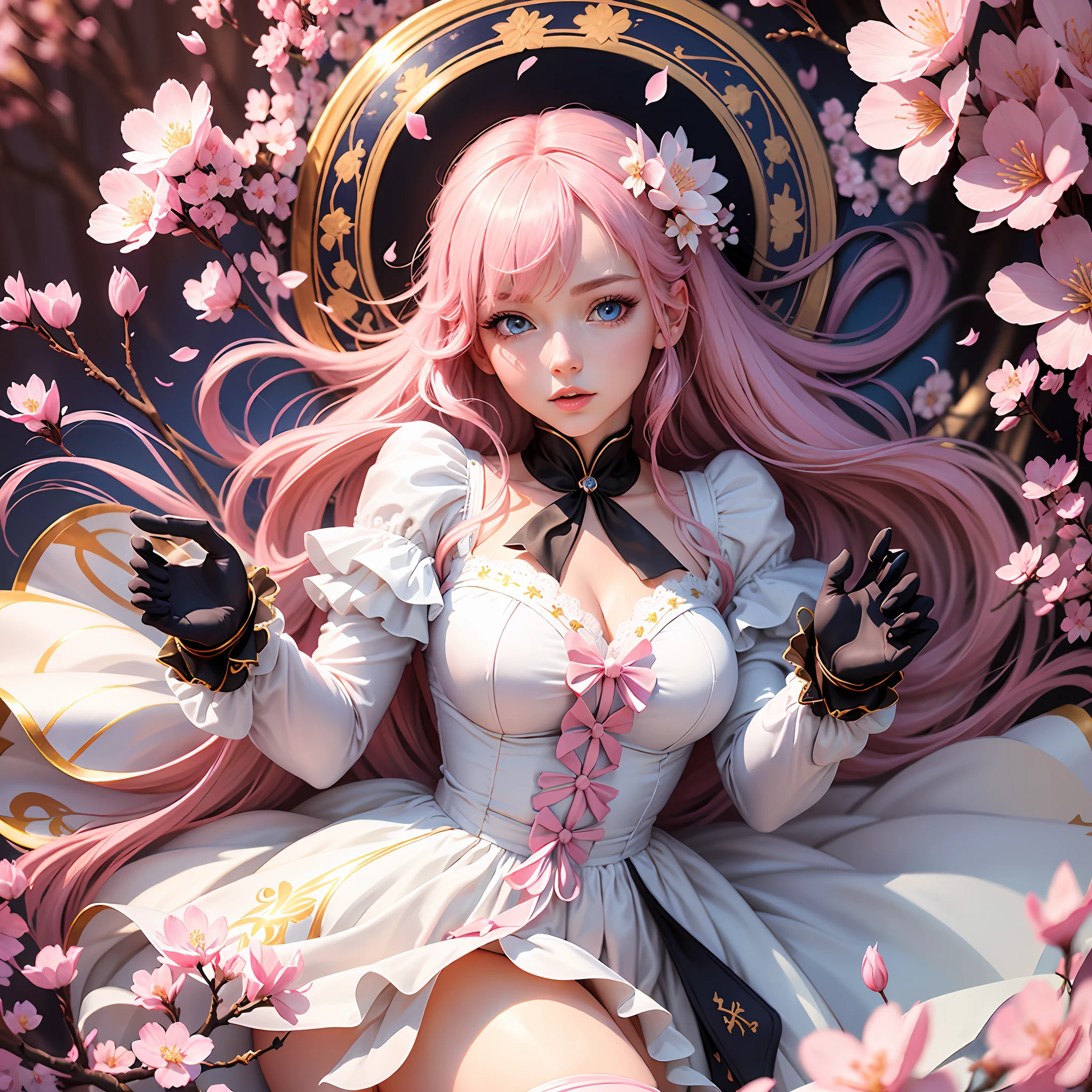 (masterpiece), (best quality), (ultra-detailed), (an extremely delicate and beautiful), (floating), (high resolution), (dynamic pose), (1girl), (blue eyes), (pink hair), (white dress), (black thigh-high boots), (ribbons), (cherry blossom petals), (golden hour), (dreamy), (vibrant colors). --s2