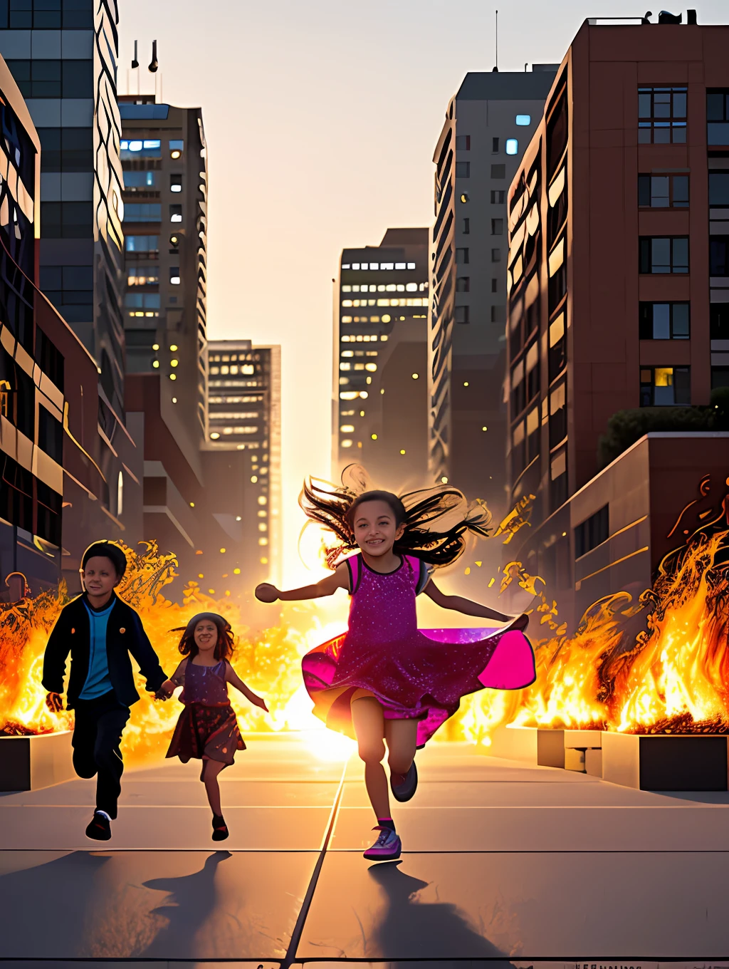 A whimsical image of a  girl on fire, weaving through the city streets in an effort to reach her fallen family. The girl, clad in a vibrant, flowing dress, is surrounded by a sea of flames, her hair cascading with color as she runs. The background features a cityscape filled with brightly colored buildings and storefronts, with silhouettes of children and adults standing nearby, their faces lit by the warm glow of the setting sun. The background features an urban setting with rolling hills, with a rooftop garden with oversized flowers and a winding wooden path leading to a shallow pool. wide aperture, soft lighting, HDR