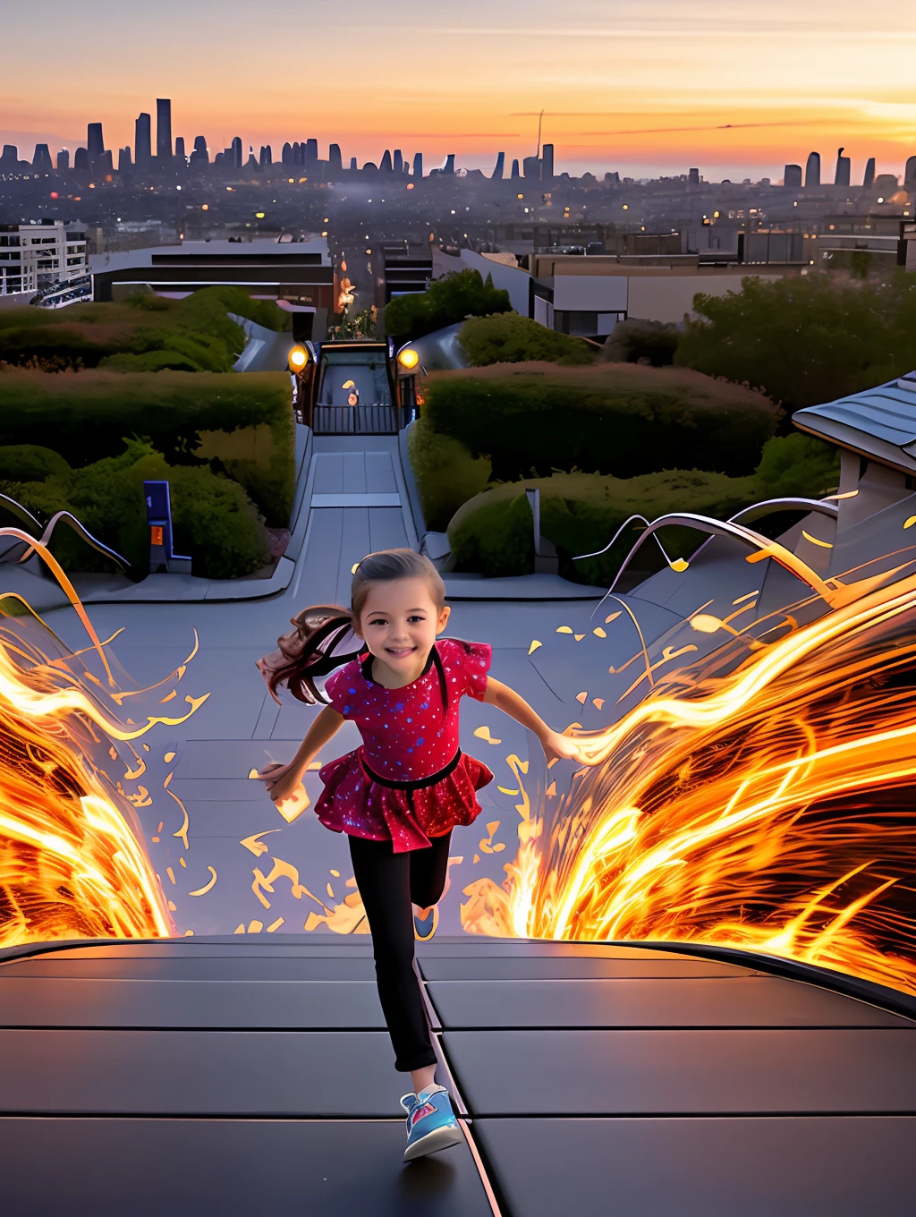 A whimsical image of a little girl on fire, weaving through the city streets in an effort to reach her fallen family. The girl, clad in a vibrant, flowing dress, is surrounded by a sea of flames, her hair cascading with color as she runs. The background features a cityscape filled with brightly colored buildings and storefronts, with silhouettes of children and adults standing nearby, their faces lit by the warm glow of the setting sun. The background features an urban setting with rolling hills, with a rooftop garden with oversized flowers and a winding wooden path leading to a shallow pool. wide aperture, soft lighting, HDR