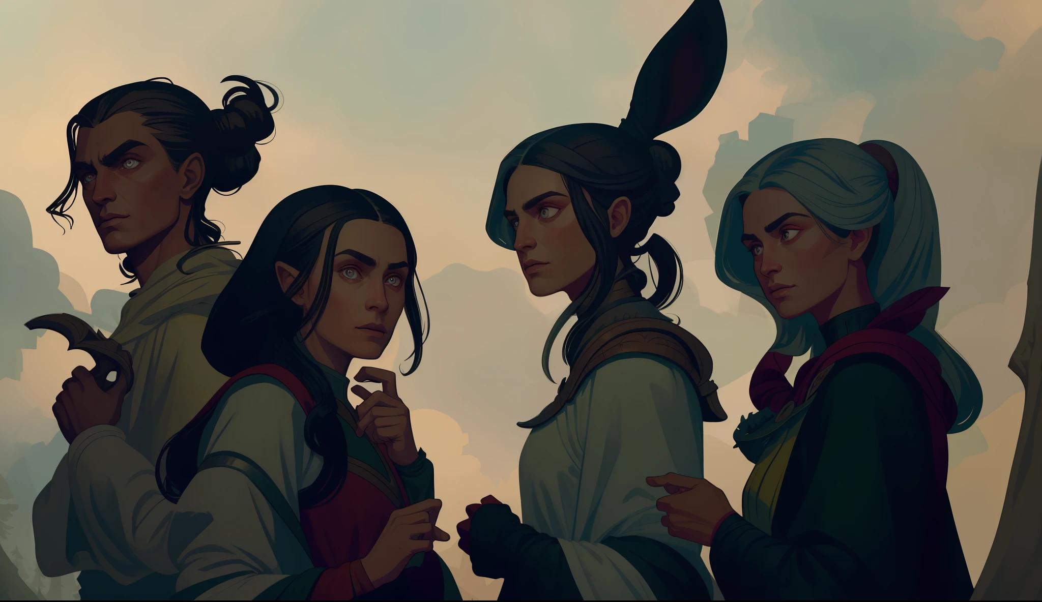 masterpiece, best quality, hyper detailed gouache portrait of a group of dark elves in a forest, medieval clothing, characters concept, detailed symmetric bodies, epic scene illustration, graphic novel scene, dramatic, tension, cinematic, dynamic angles