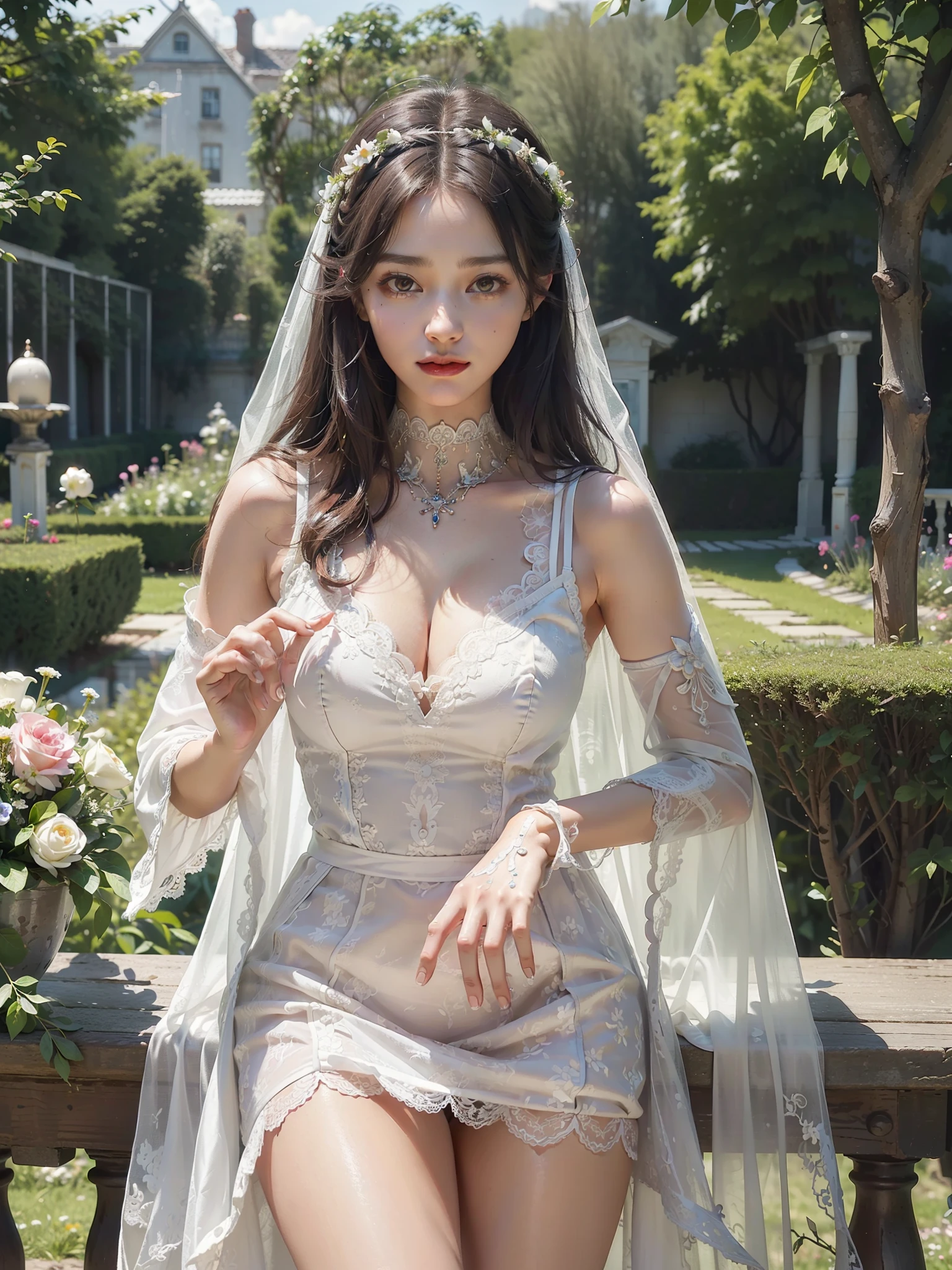 1 girl, goblin killer, mature, petite, lace, mid-breasts, bright smile, long knee hair , flowers in hand, lace wedding dress, white stockings (((priestess)), ((masterpiece, top quality, best quality, official art, beauty and aesthetics:1.2), extreme detail, colorful, highest detail ((super detailed), (highly detailed CG illustration), ((extremely delicate and beautiful)), cinematic light, garden, outdoor, front, side,