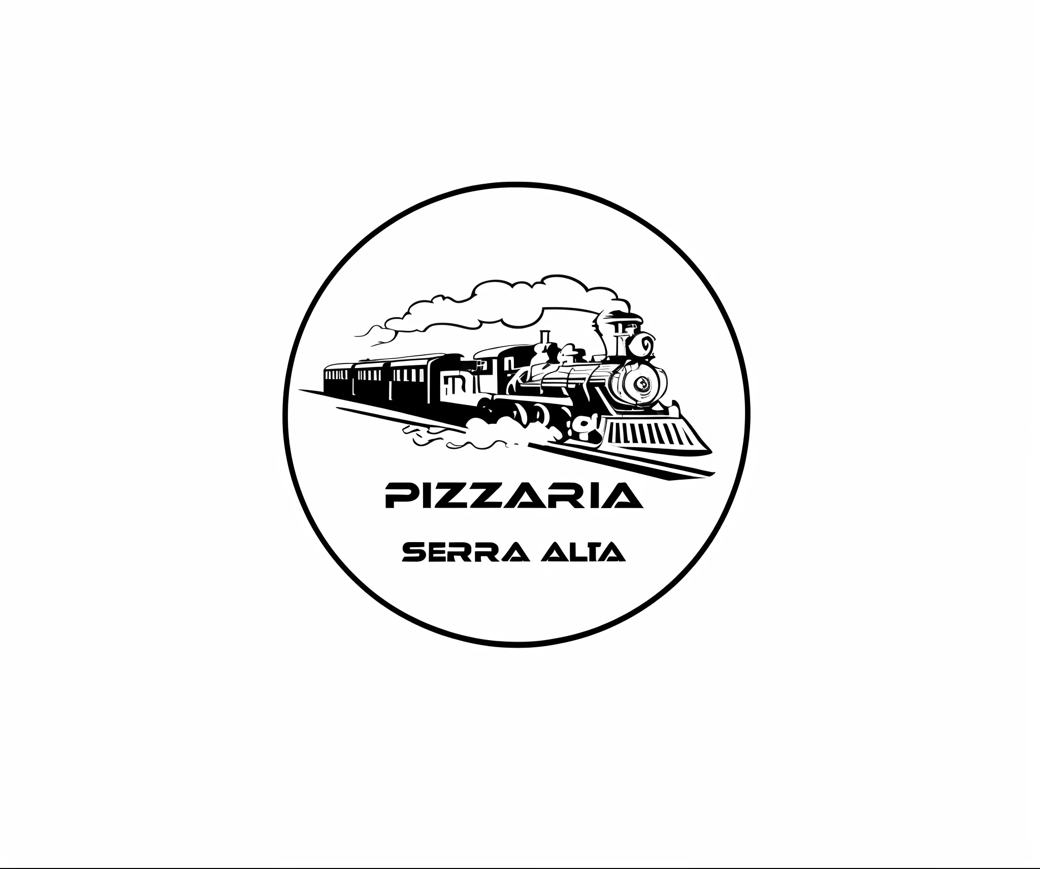 a close up of a train on a track with a white background, black and white logo, round logo, illustrated logo, pizza, logo, logo, circular logo, rounded logo, logo art, frank franzzeta, album art, presenting pizza, 🎨🖌️, emergence of the pizza rat, pizza!, bizarrrrre, logos, logo”