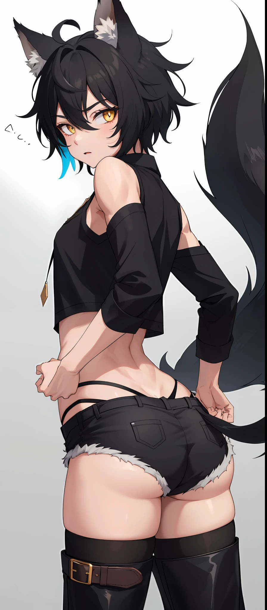 1boy, toned, sharp wolf ears, wolf tail, black messy hair, golden eyes, HD, masterpiece, vibrant, black boots, dead expression, thigh highs, booty shorts, crop top, big thighs, big butt, safe for work