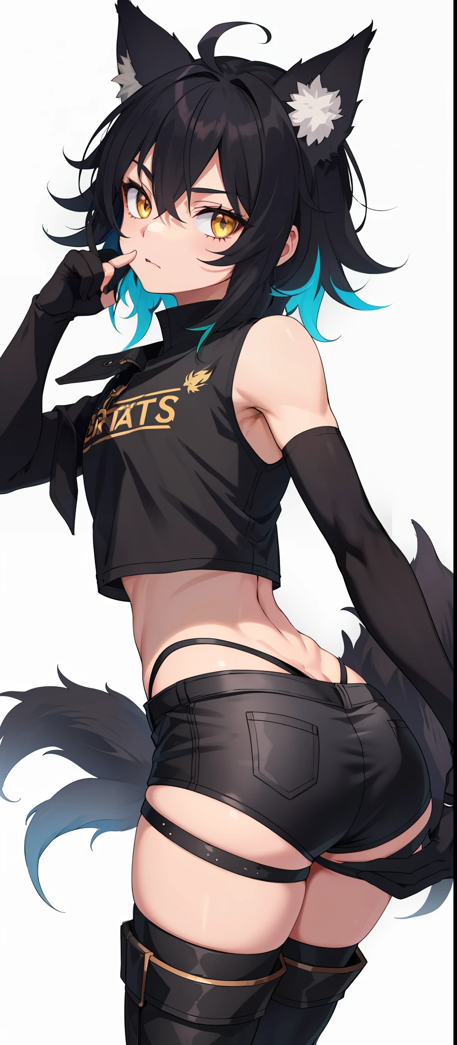 1boy, toned, sharp wolf ears, wolf tail, black messy hair, golden eyes, HD, masterpiece, vibrant, black boots, dead expression, thigh highs, booty shorts, crop top, big thighs, big butt, safe for work