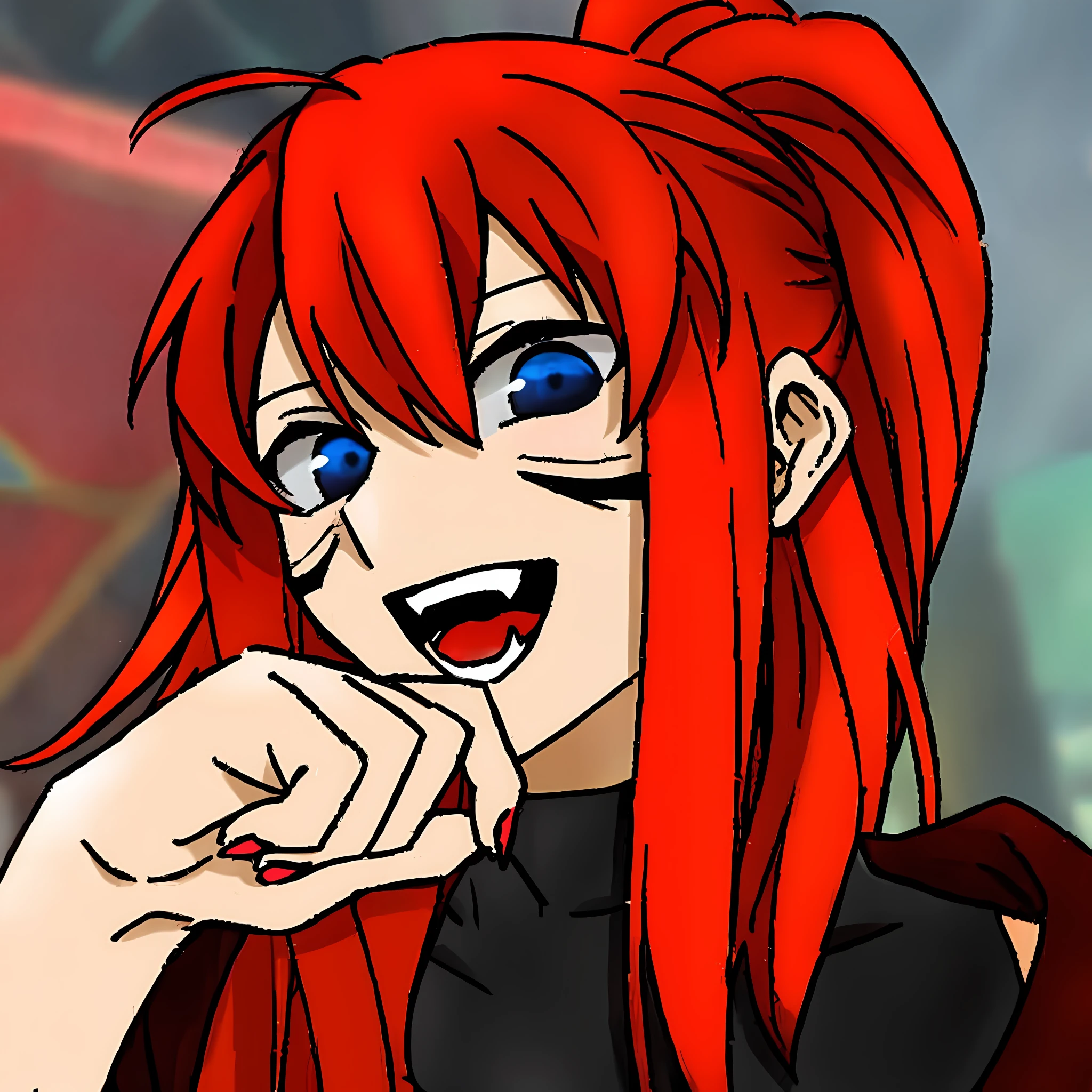 anime girl with red hair and blue eyes posing for a picture, rias gremory, erza scarlet as a real person, [[[[grinning evily]]]], she has red hair, crimson red hair and red eyes, grinning lasciviously, kda, she has long redorange hair, with long red hair, anime style”